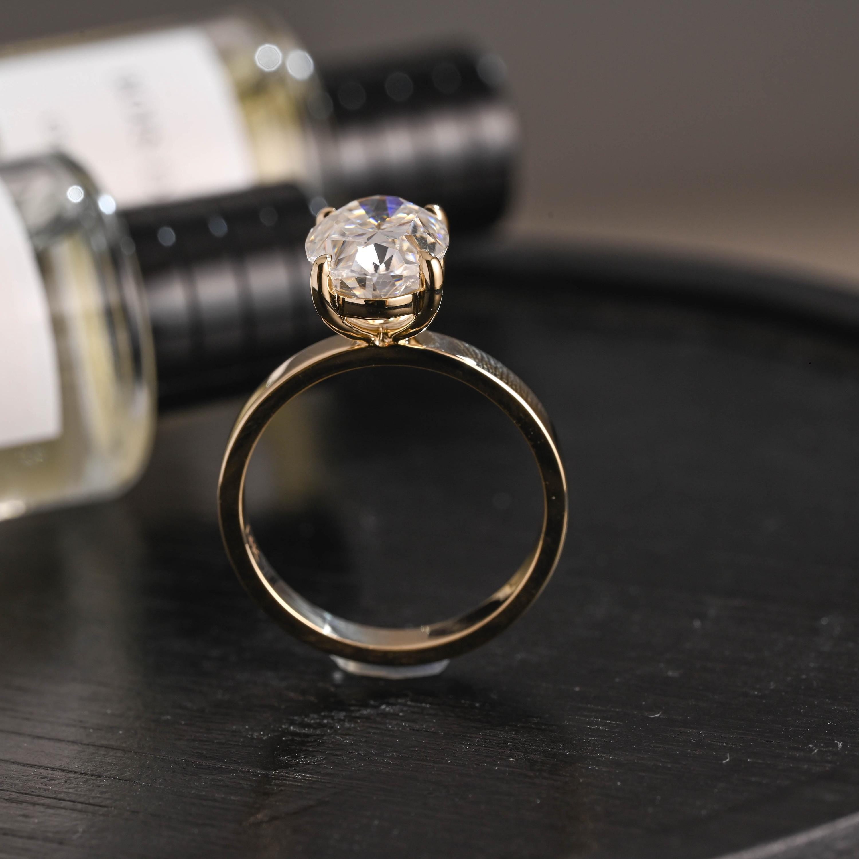Solid Gold Oval Cut Solitaire Moissanite Engagement Ring, Anniversary Gift Birthday Gift for Women Wife