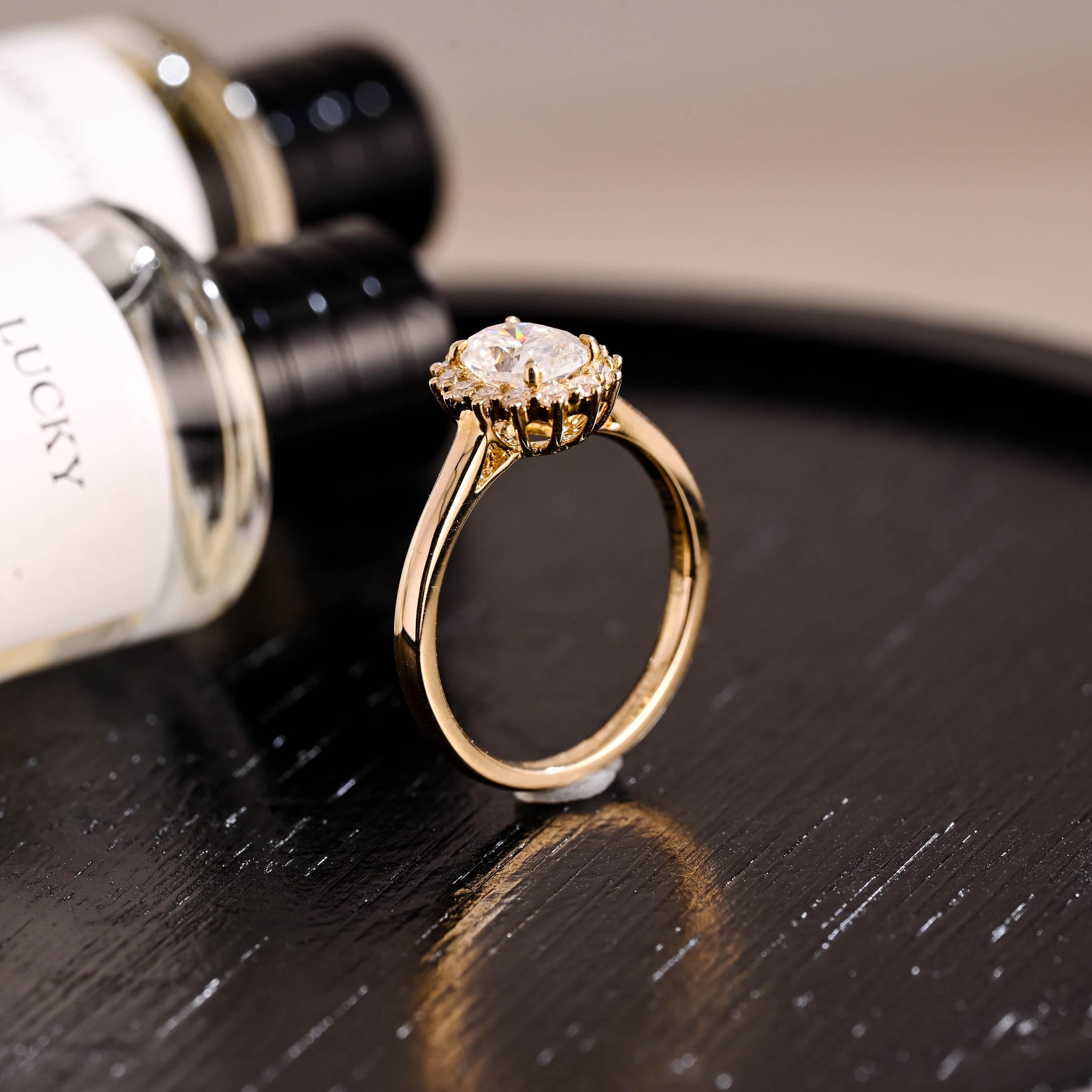 Solid Gold Starburst Oval Cut Moissanite Engagement Ring, Halo Wedding Ring