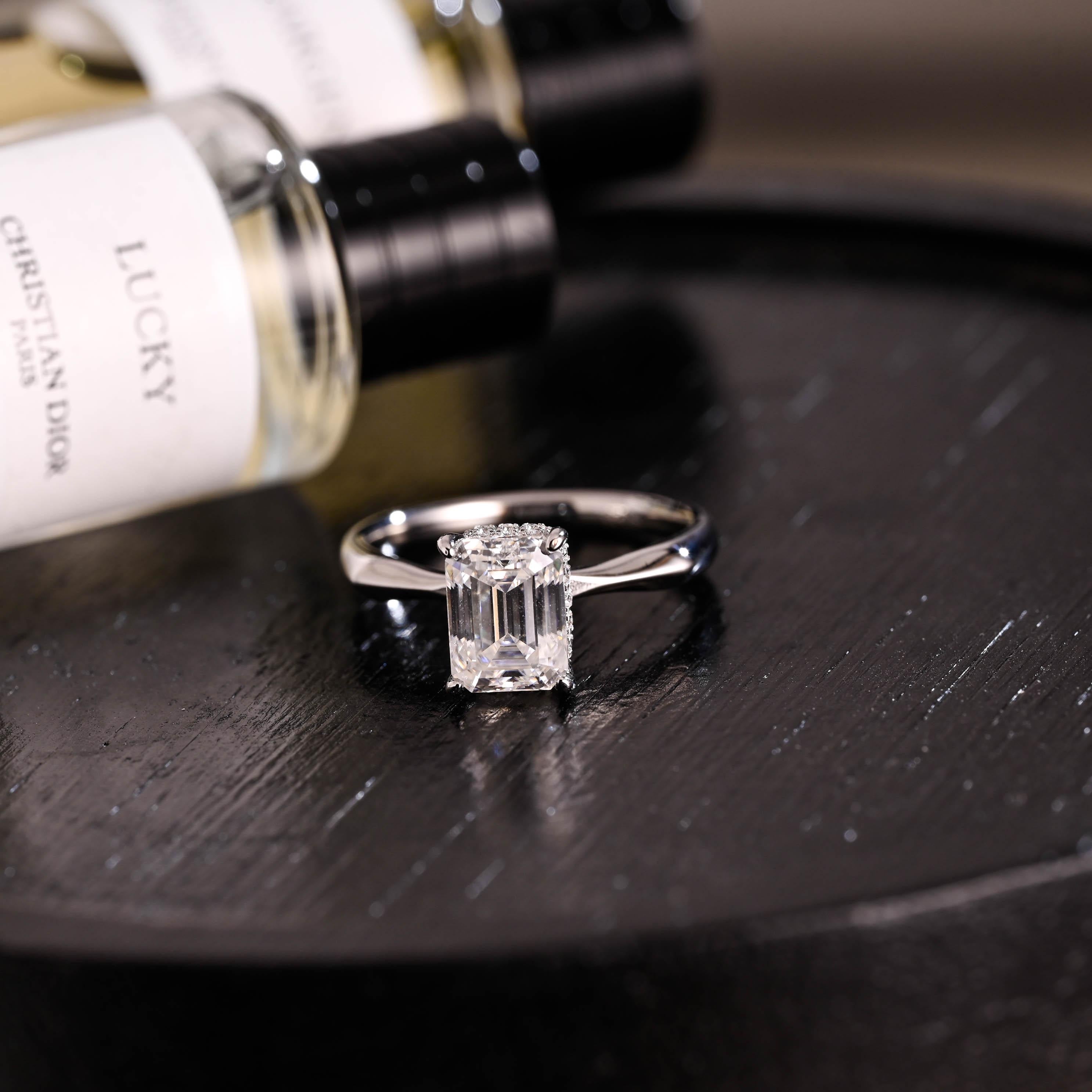 Solid Gold Hidden Halo Emerald Cut Moissanite Engagement Ring, Proposal Ring, Promise Ring, Wedding Ring, Anniversary Gift for Women Wife