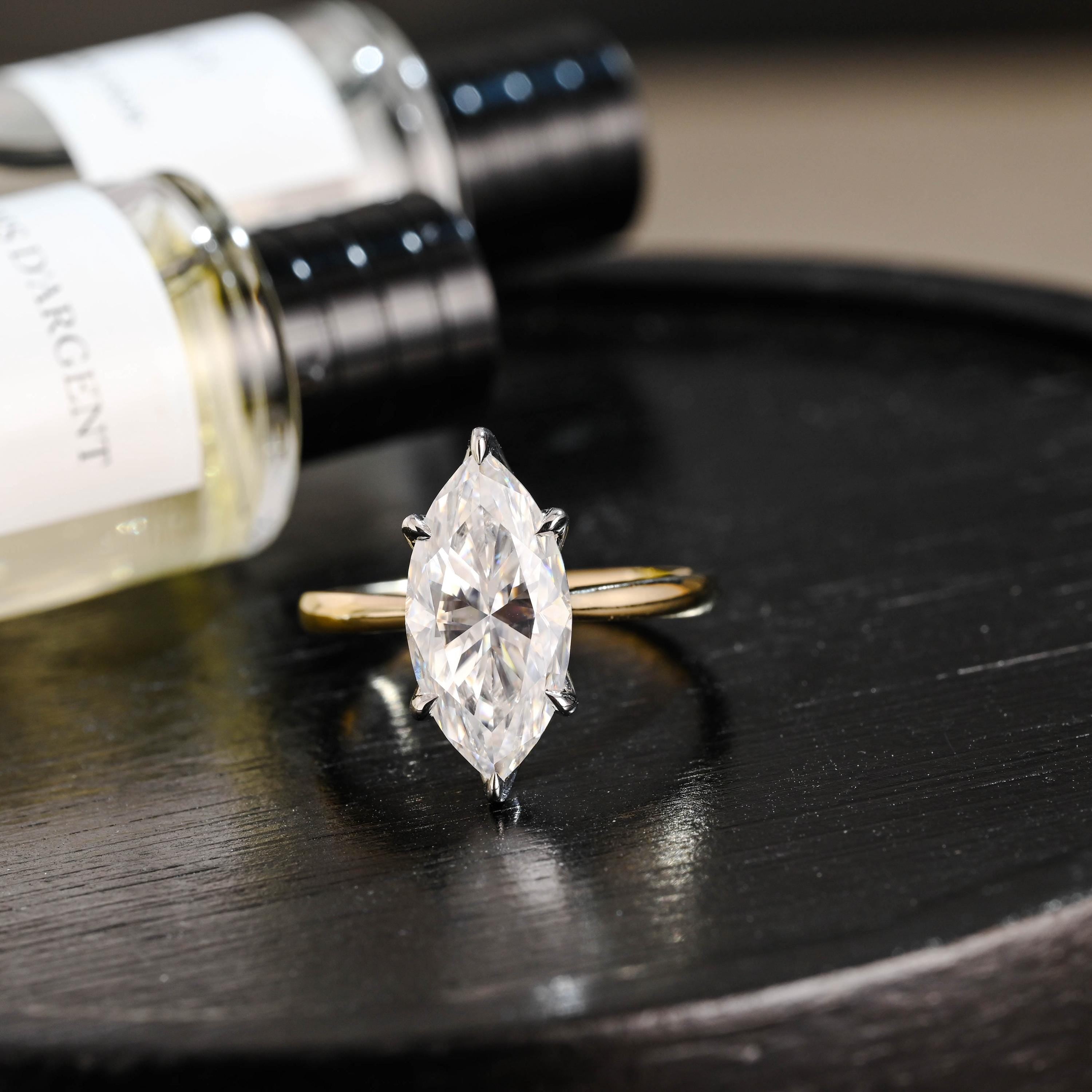 Two Tone Tulip Setting Marquise Moissanite Ring, Solid Gold Engagement Ring