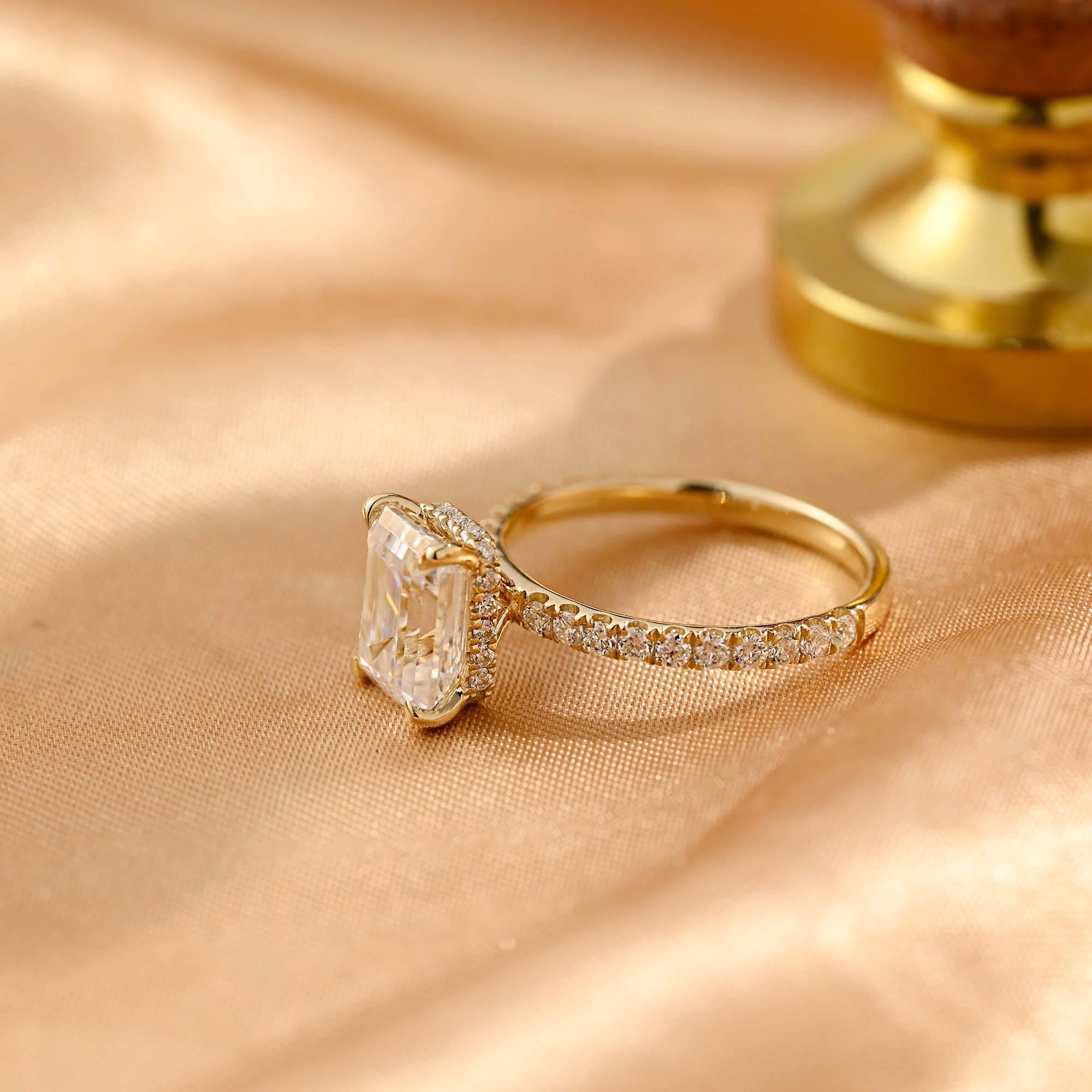 Half Eternity Emerald Cut Moissanite Engagement Ring, Solid Gold Hidden Halo Pave Emerald Cut Moissanite Wedding Ring, Anniversary Ring