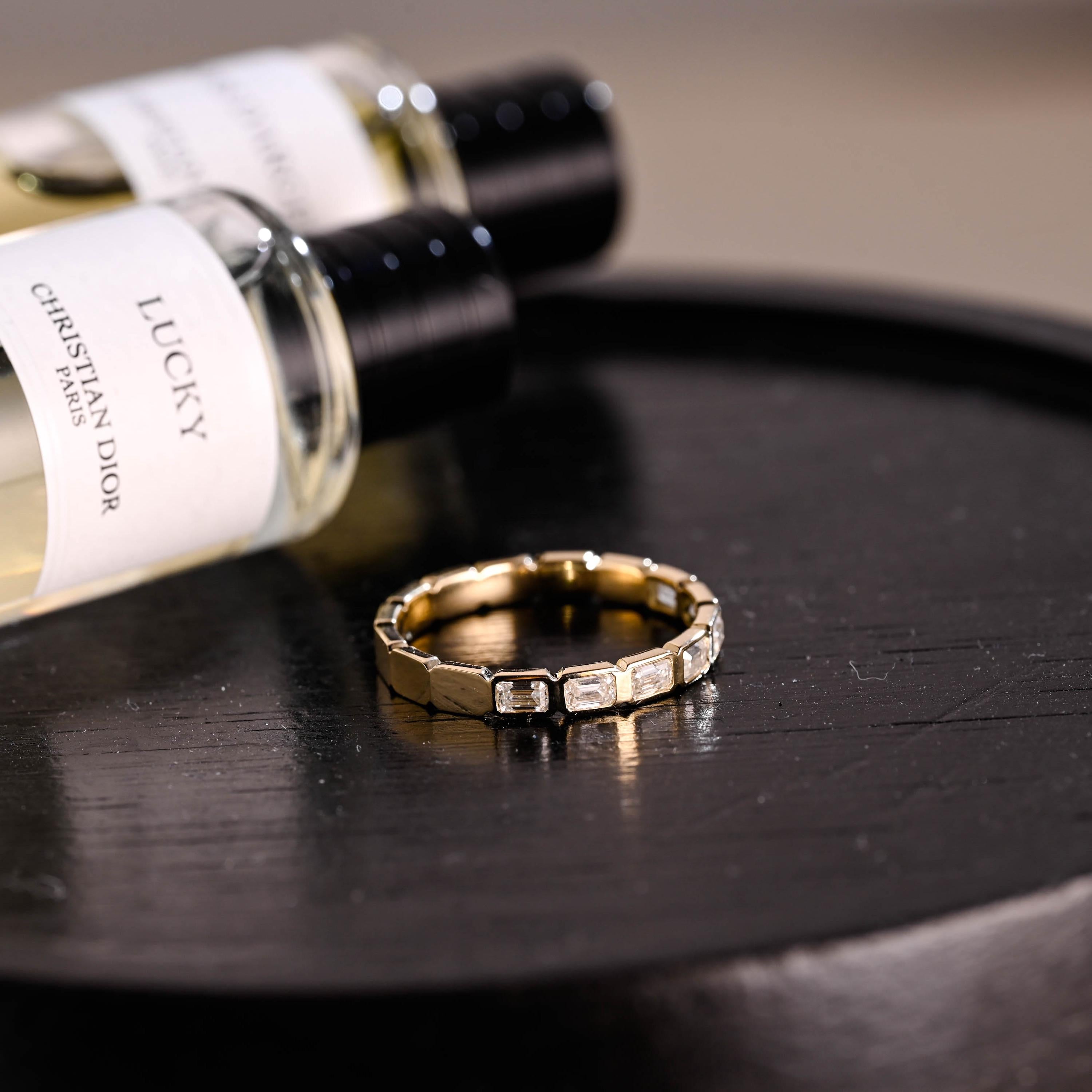 Solid Gold Emerald Cut Moissanite Wedding Band, Anniversary Ring