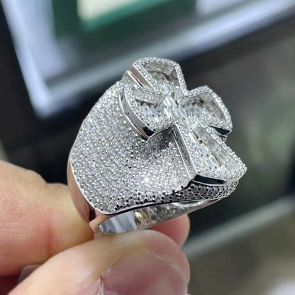Iced Out Cross Ring: 6.97ctw Moissanite, Gold-Plated Sterling Silver