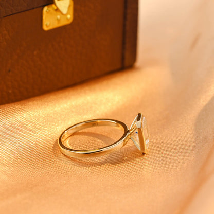 Solid Gold Solitaire Bezel Emerald Cut Moissanite Engagement Ring, Anniversary Ring for Women