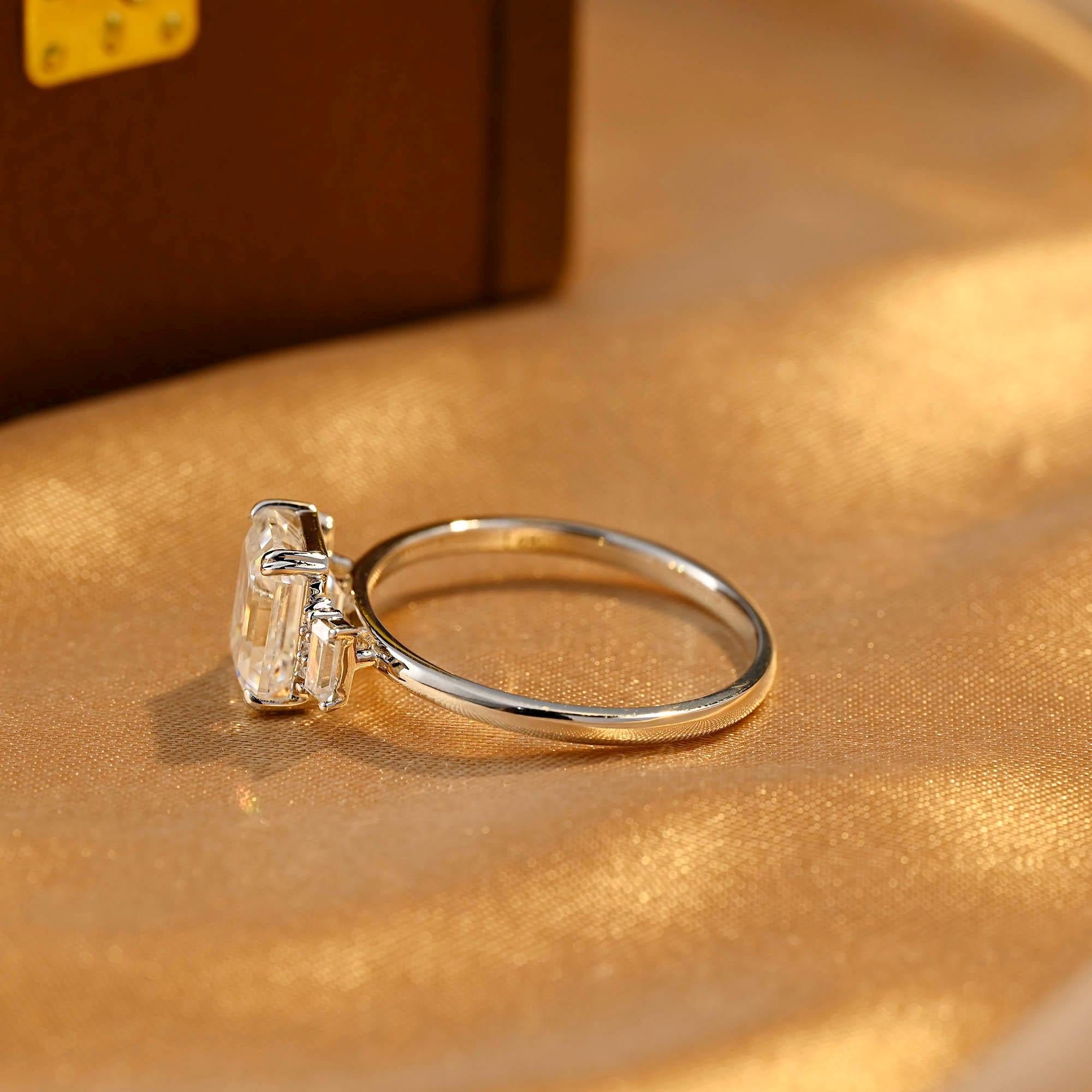 Three Stone Emerald Cut Moissanite Engagement Ring, Solid Gold Emerald Cut Moissanite Wedding Ring, Anniversary Ring, Moissanite Gifts