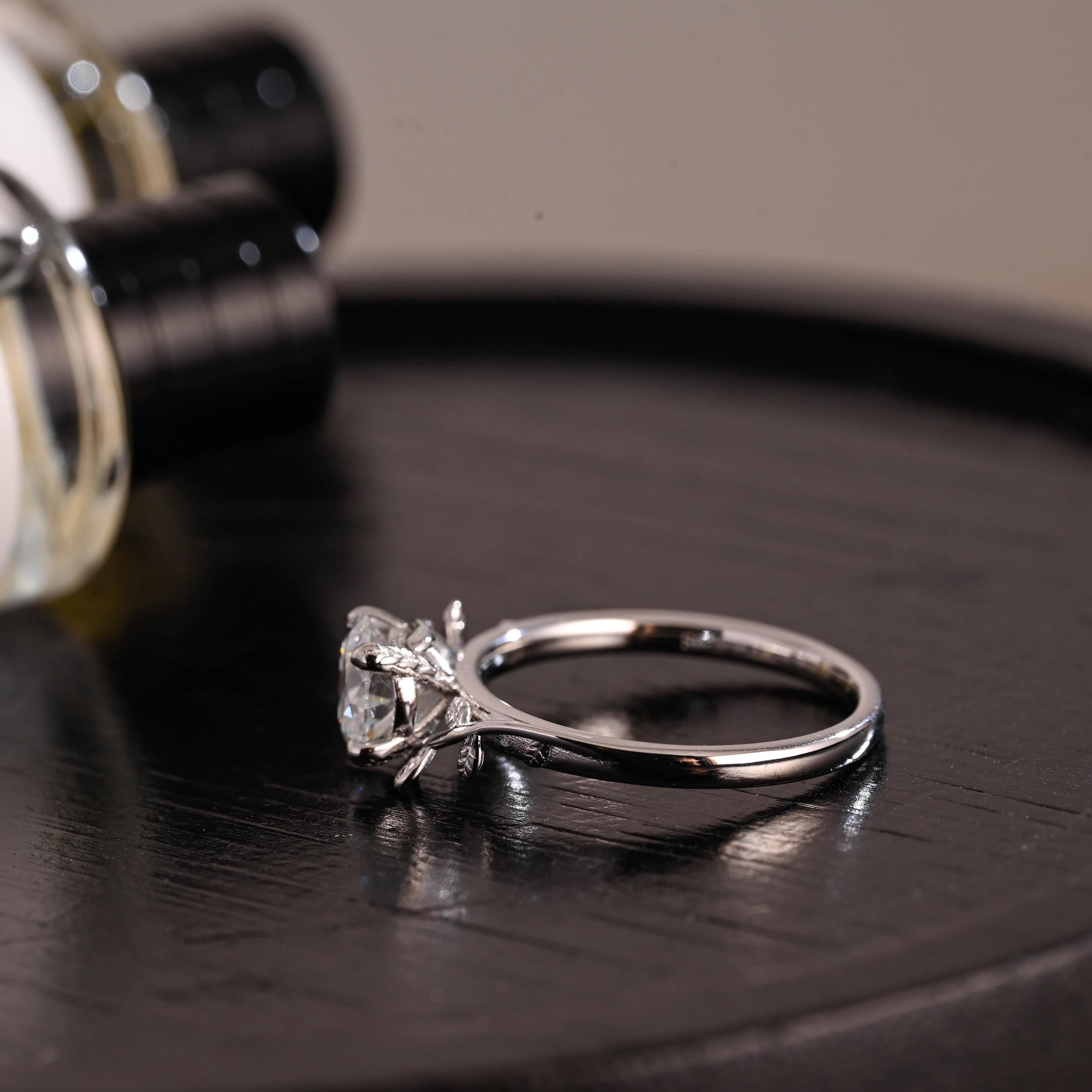 Branch Design Solid Gold Round Cut Moissanite Engagement Ring, Promise Ring, Wedding Ring