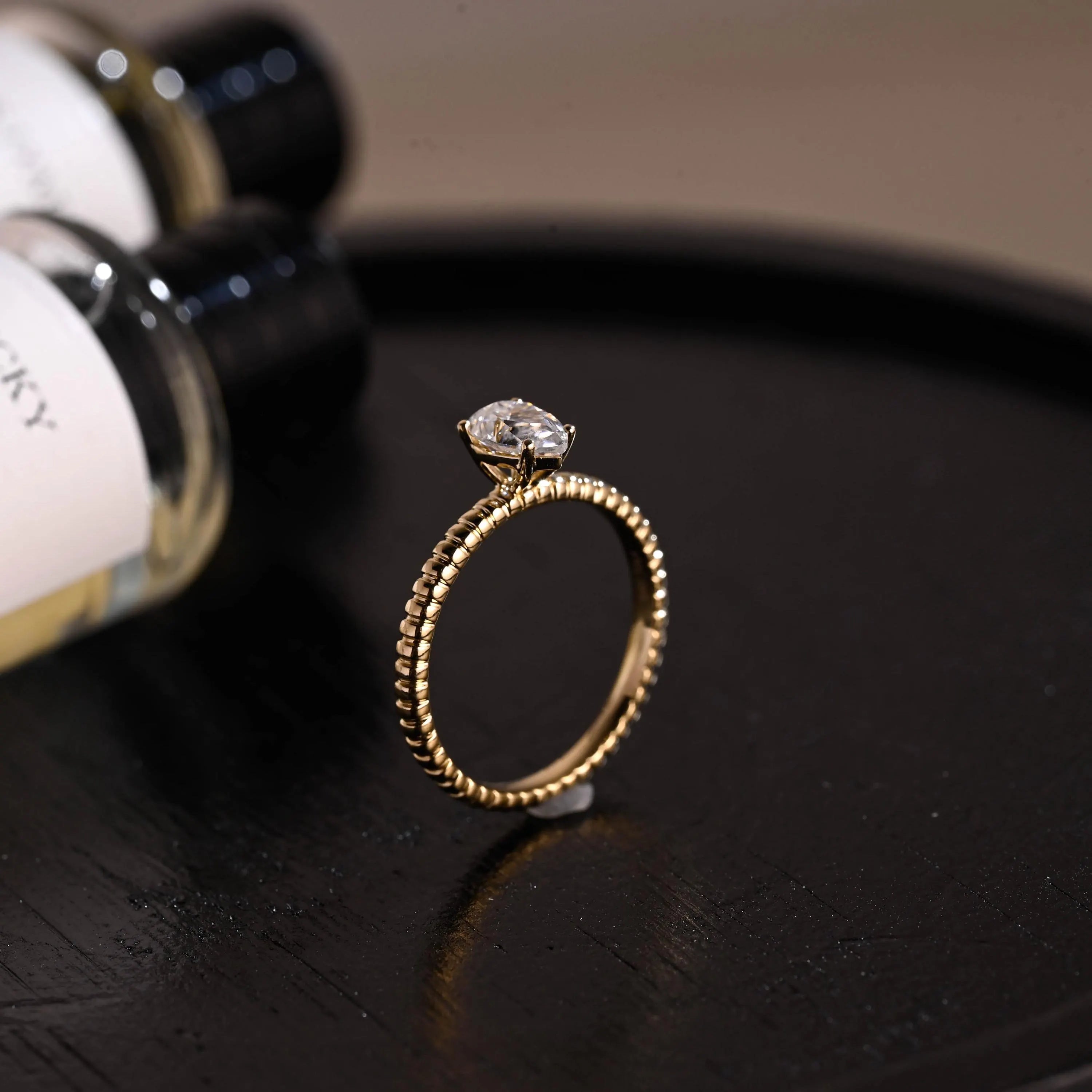 Solid Gold Pear Cut Moissanite Engagement Ring, Twisted Band Solitaire Pear Moissanite Wedding Ring
