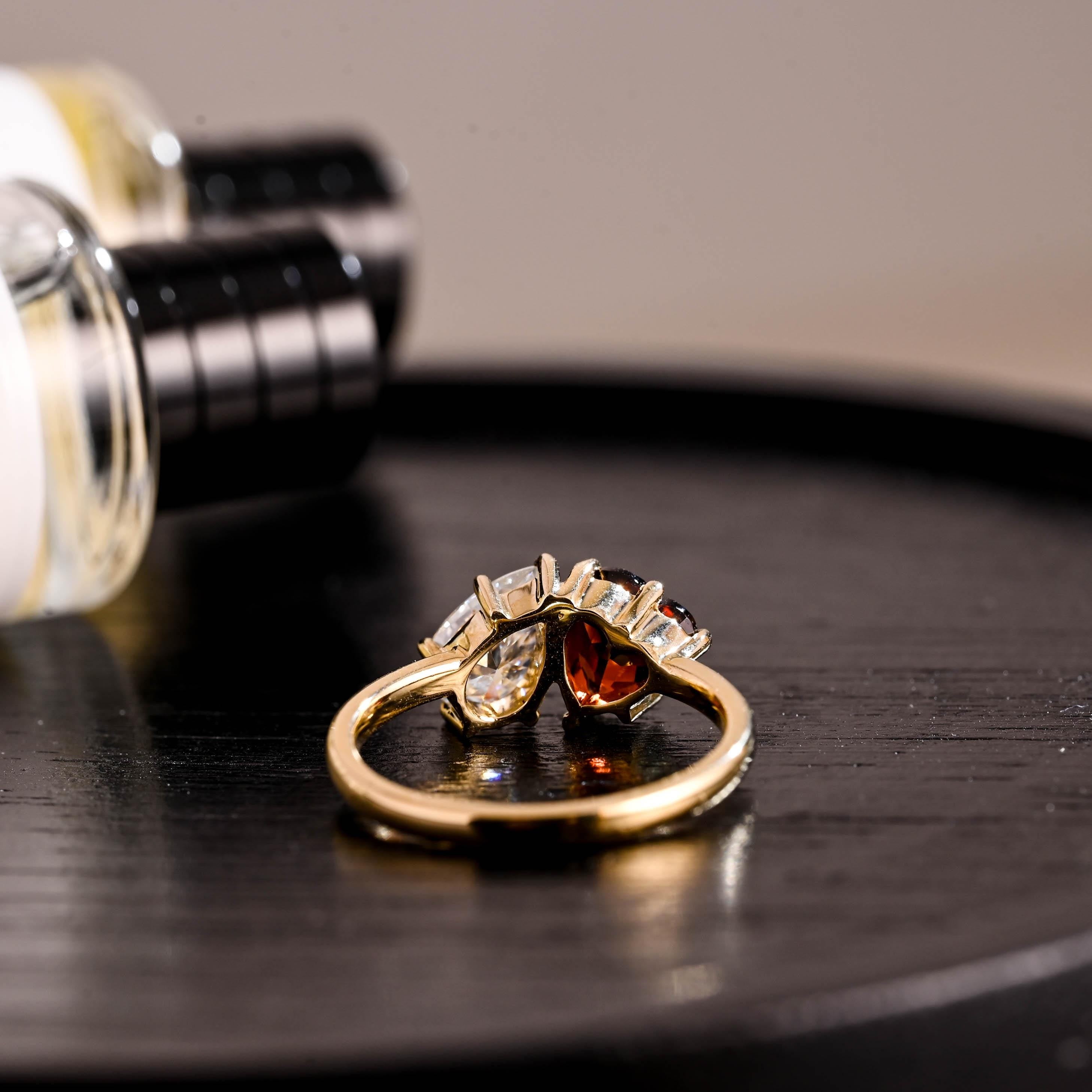 Toi et Moi Garnet Ring Pear Moissanite Engagement Ring, Solid Gold Heart Shaped Garnet Ring