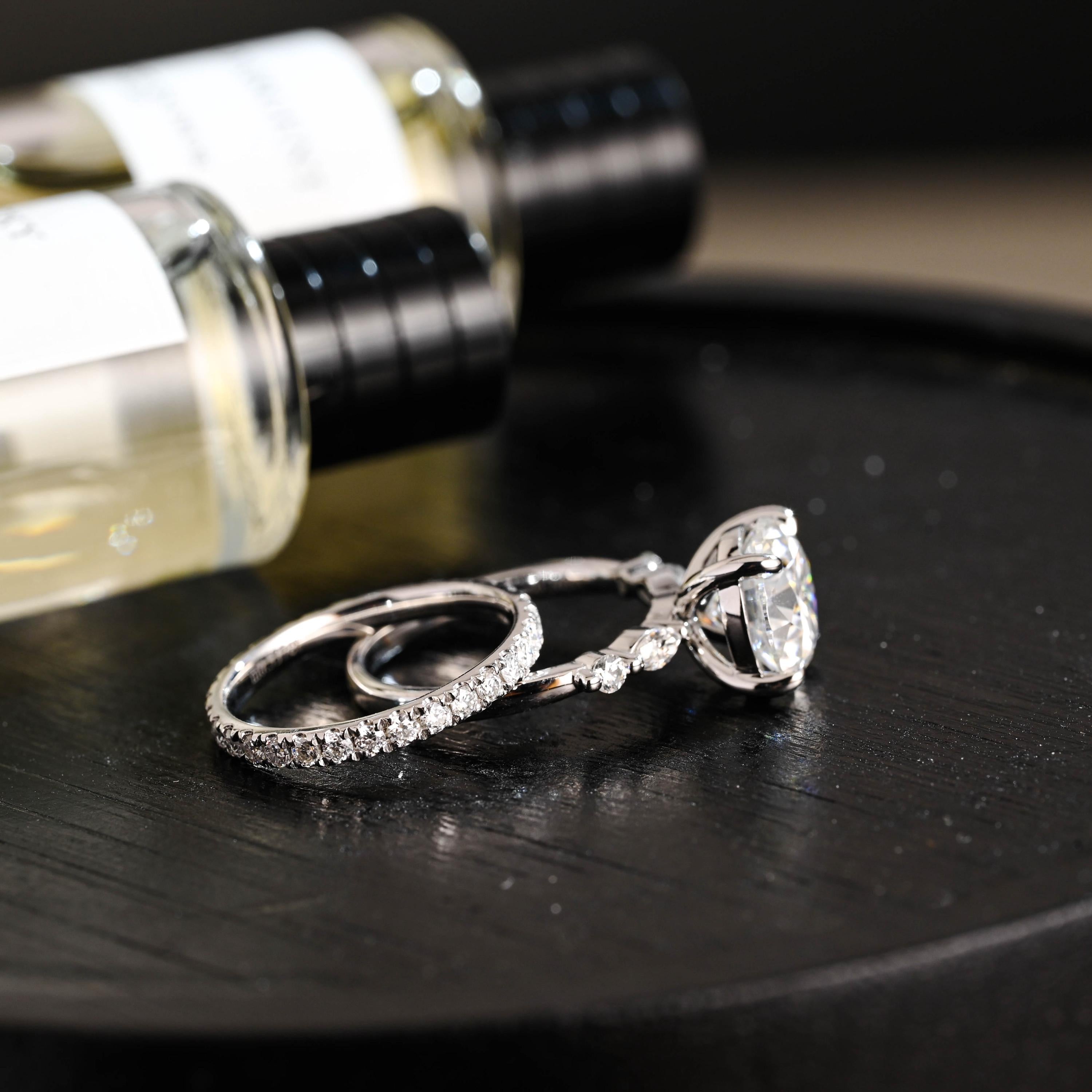 Solid Gold Round Moissanite Engagement Ring Set, Wedding Ring Set, Half Eternity Ring Bridal Set