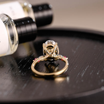Solid Gold Lab Grown Aquamarine & Ruby Accented Oval Cut Moissanite Engagement Ring