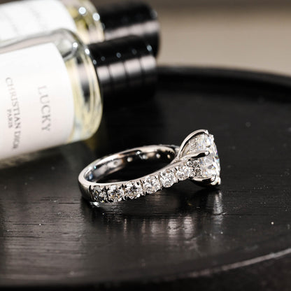 3.5mm Wide Solid Gold Round Cut Moissanite Engagement Ring, Side Stone Setting Wedding Ring
