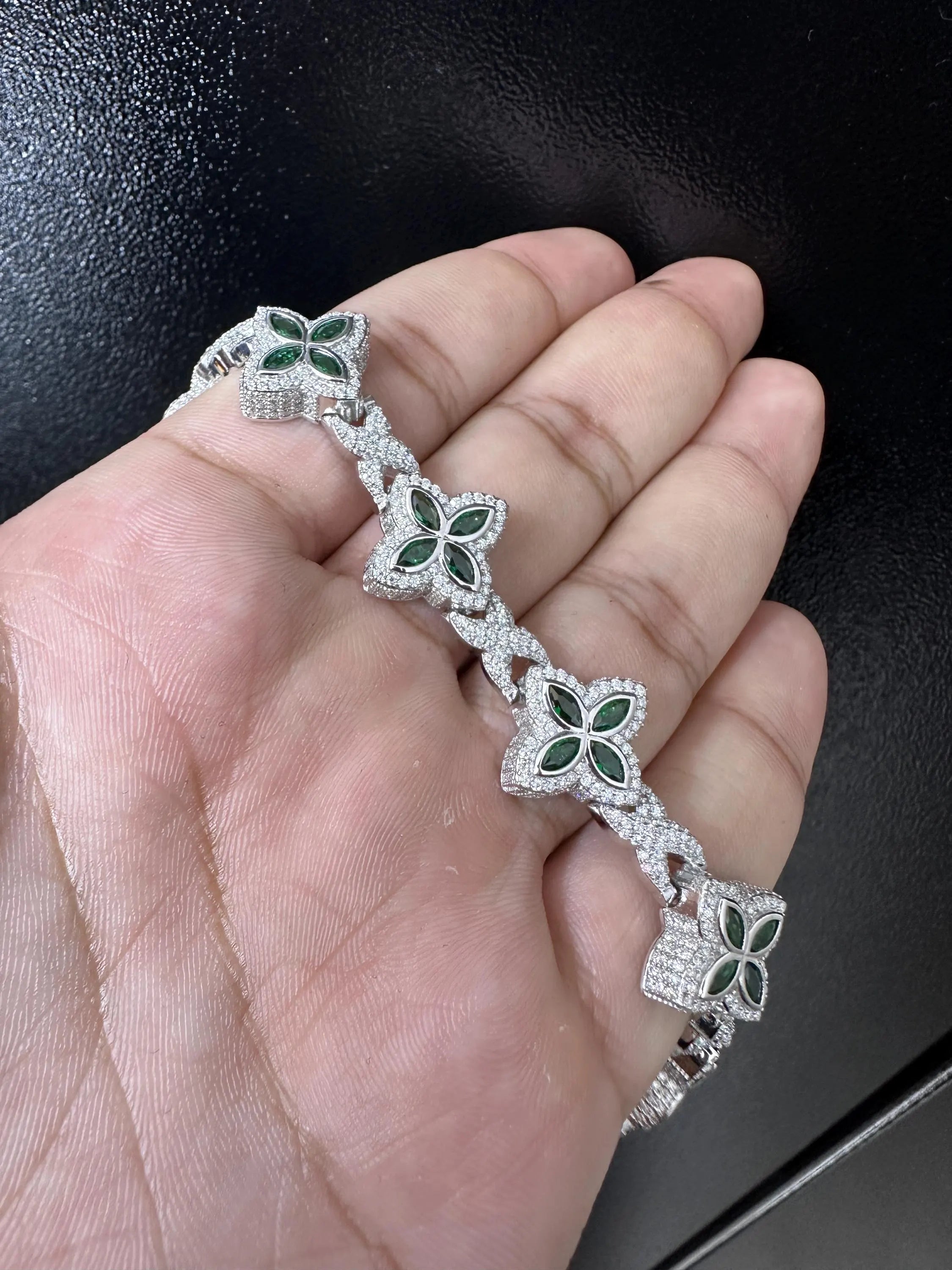 Iced Out Clover Bracelet | VVS Moissanite, Green Sapphire, Sterling Silver