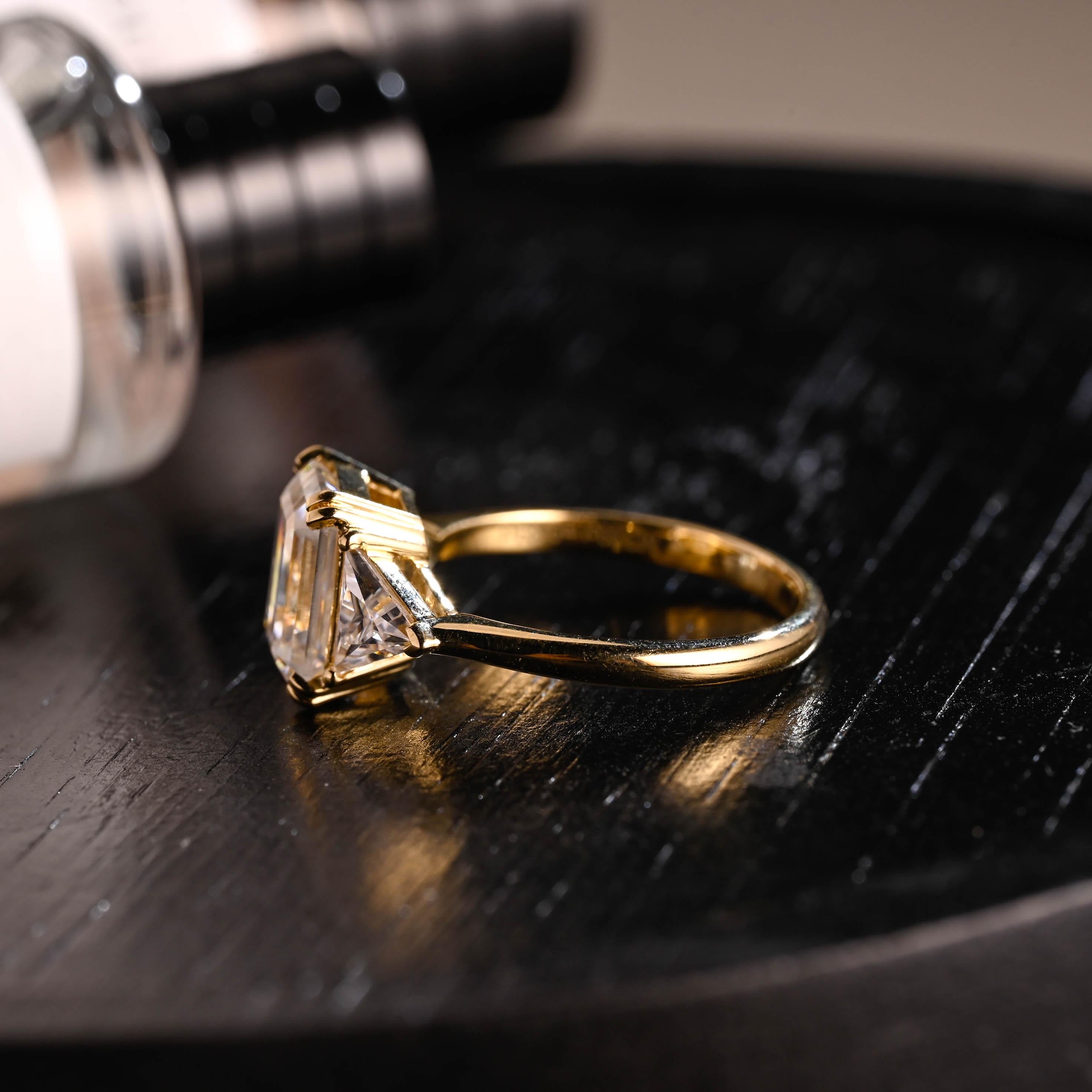 Three Stone Emerald Cut Moissanite Engagement Ring, Solid Gold Emerald Cut Moissanite Wedding Ring, Anniversary Ring, Double Claws Prong