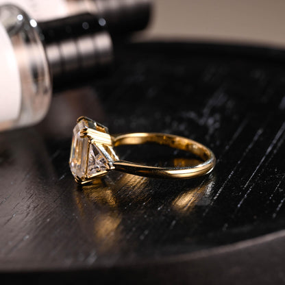 Three Stone Emerald Cut Moissanite Engagement Ring, Solid Gold Emerald Cut Moissanite Wedding Ring, Anniversary Ring, Double Claws Prong