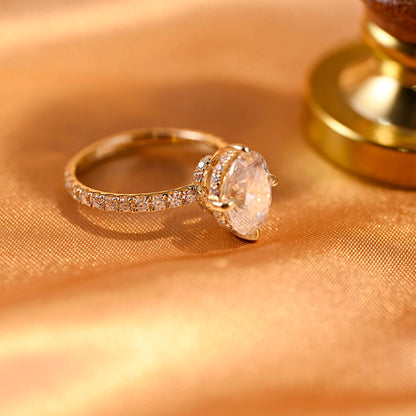 Solid Gold Double Hidden Halo Oval Cut Moissanite Engagement Ring