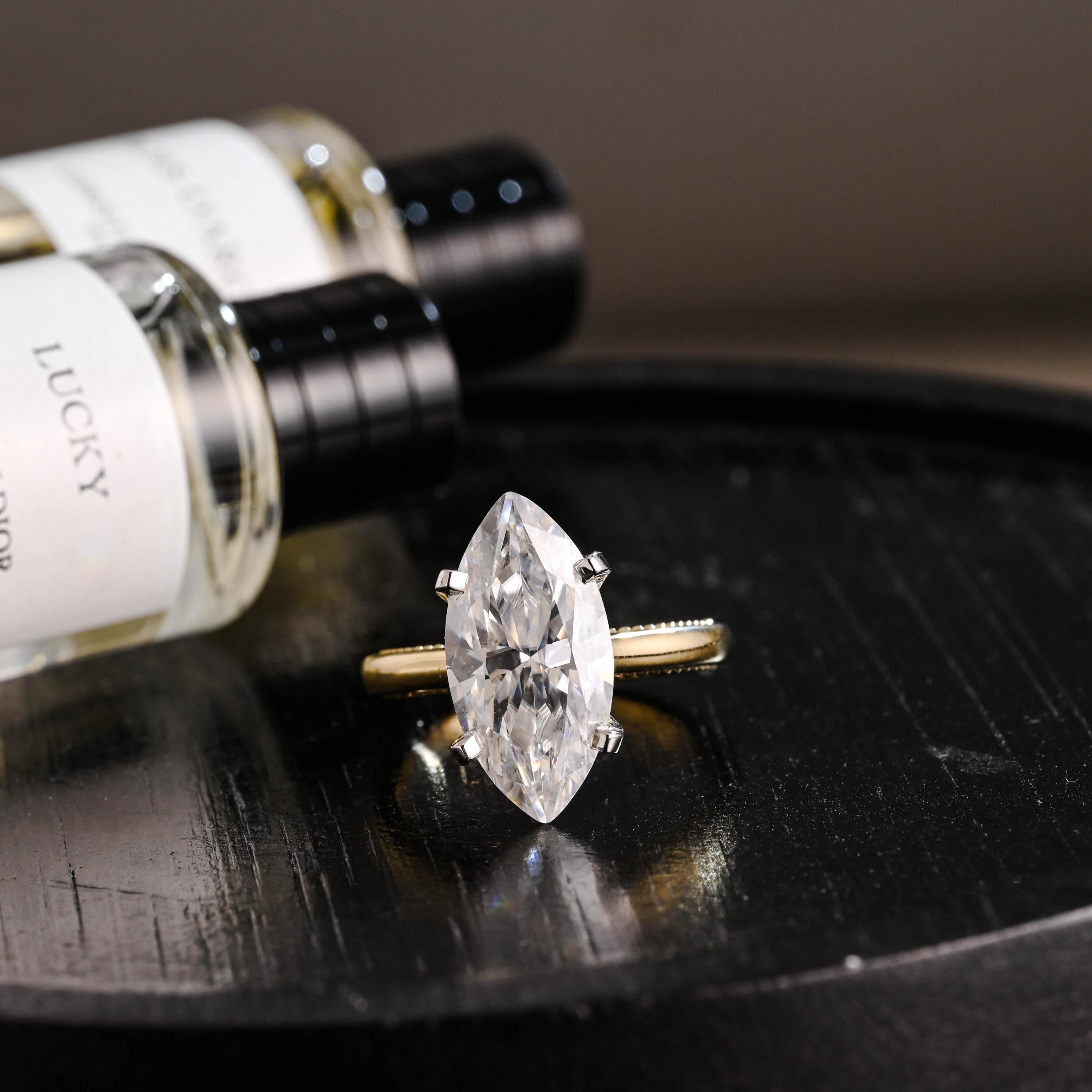 Beaded Marquise Moissanite Solid Gold Engagement Ring, Vintage Style Ring