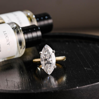 Beaded Marquise Moissanite Solid Gold Engagement Ring, Vintage Style Ring