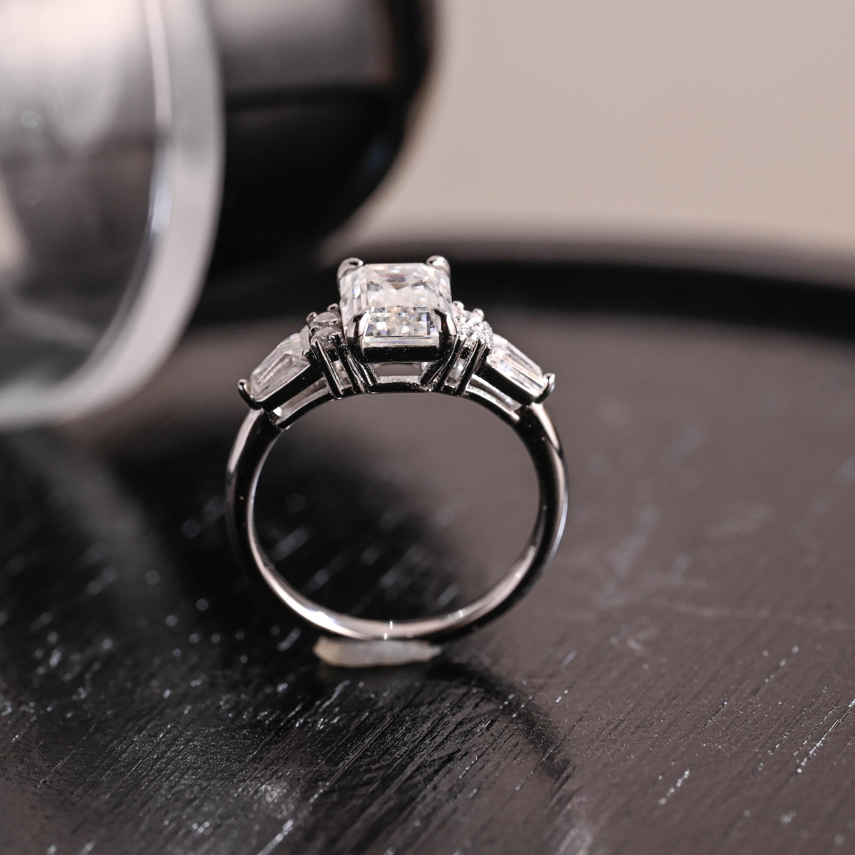 Solid Gold Three Stone Emerald Cut Moissanite Engagement Ring, Trapezoid Accents Emerald Cut Wedding Ring, Anniversary Ring, Moissanite Gift