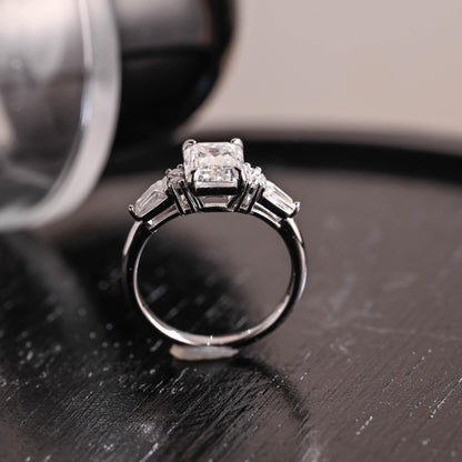 Solid Gold Three Stone Emerald Cut Moissanite Engagement Ring, Trapezoid Accents Emerald Cut Wedding Ring, Anniversary Ring, Moissanite Gift