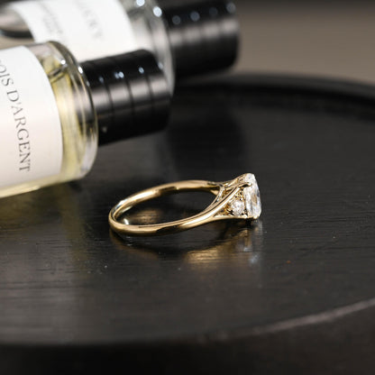 Solid Gold Three Stone Oval Moissanite Engagement Ring, Anniversary Gift Birthday Gift for Women