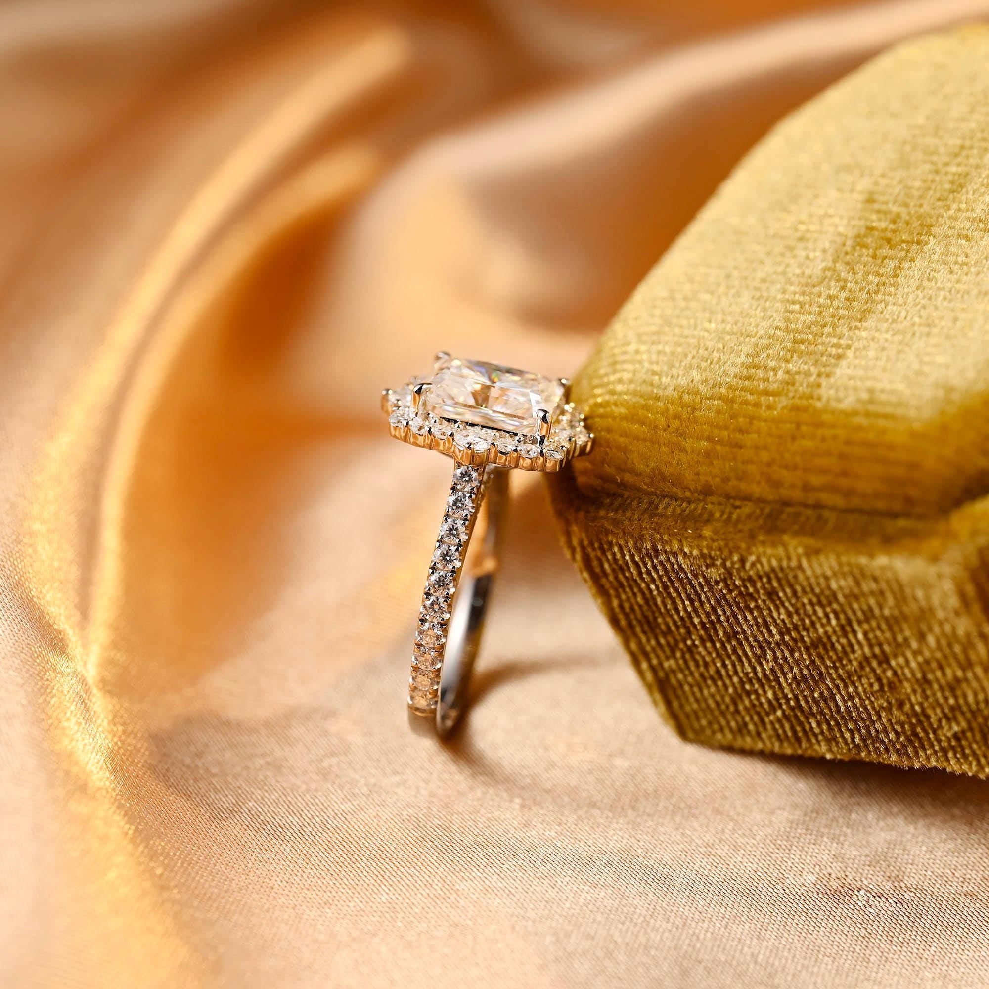 Solid Gold Cathedral Setting Radiant Cut Moissanite Engagement Ring, Halo Pave Vintage Style Ring