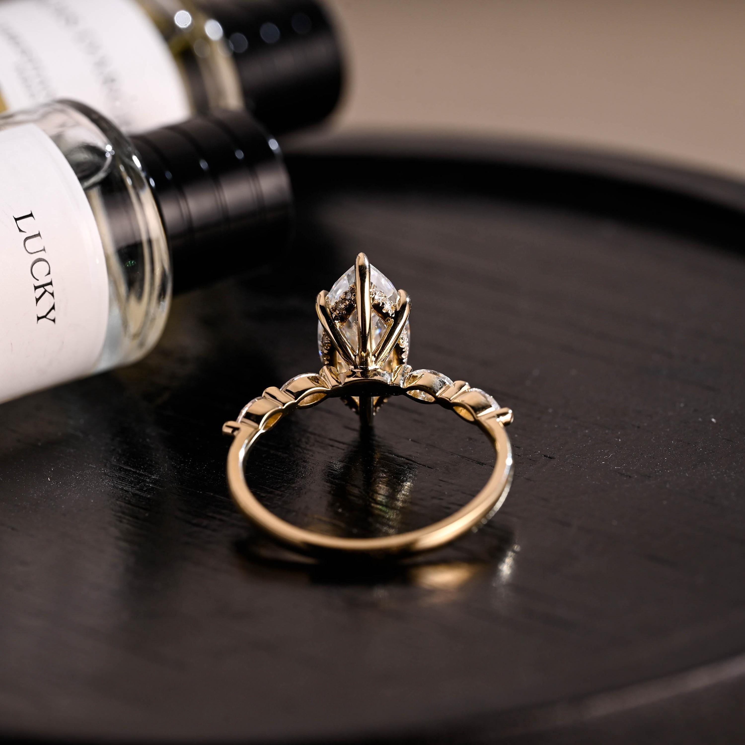 Solid Gold Side Stone Marquise Cut Moissanite Engagement Ring, Hidden Halo Moissanite Wedding Ring