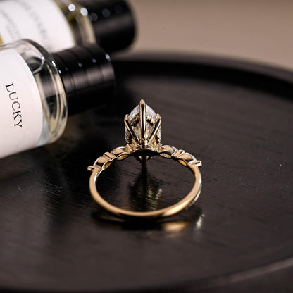 Solid Gold Side Stone Marquise Cut Moissanite Engagement Ring, Hidden Halo Moissanite Wedding Ring