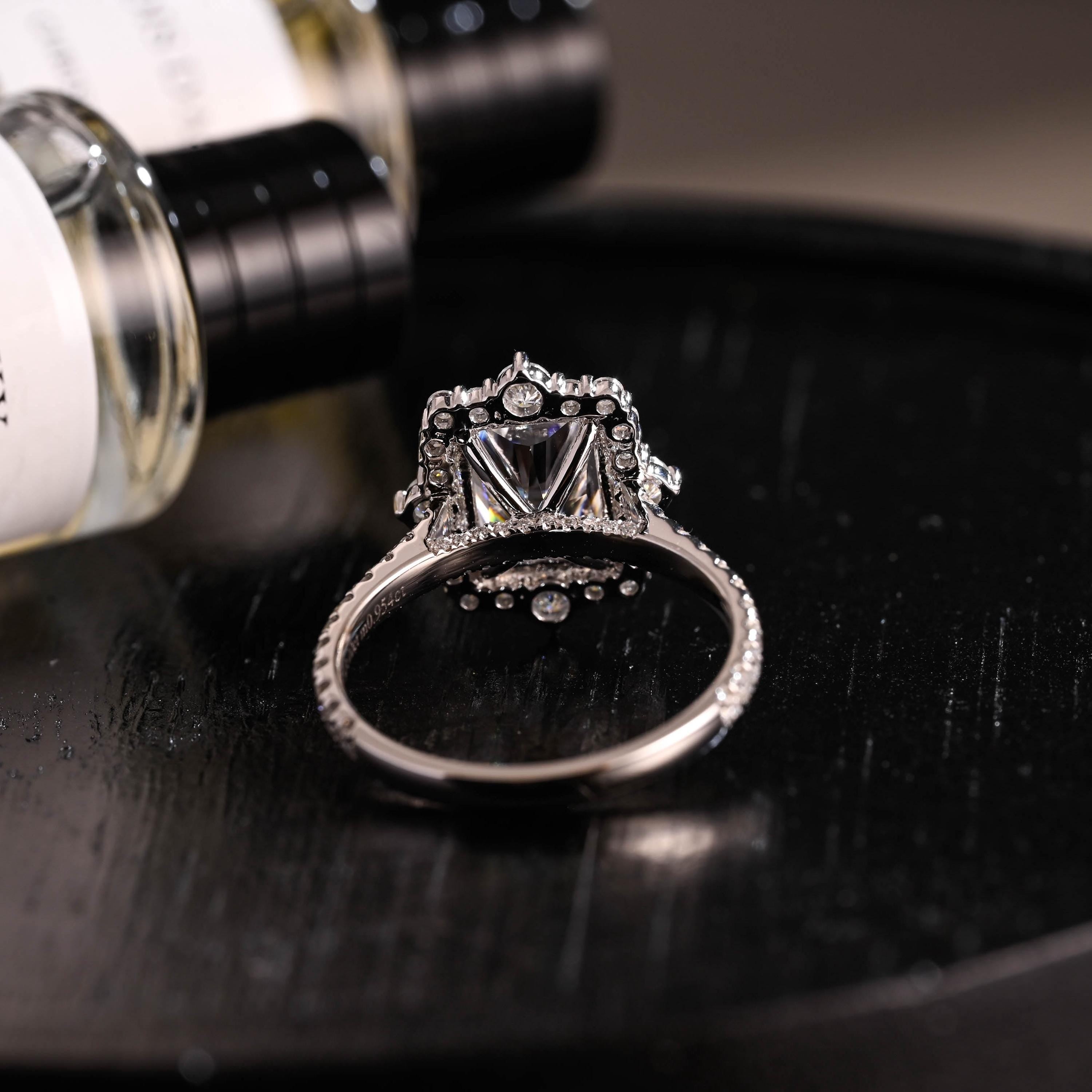 Solid Gold Radiant Cut Moissanite Engagement Ring, Halo Pave Cathedral Setting Vintage Style Ring