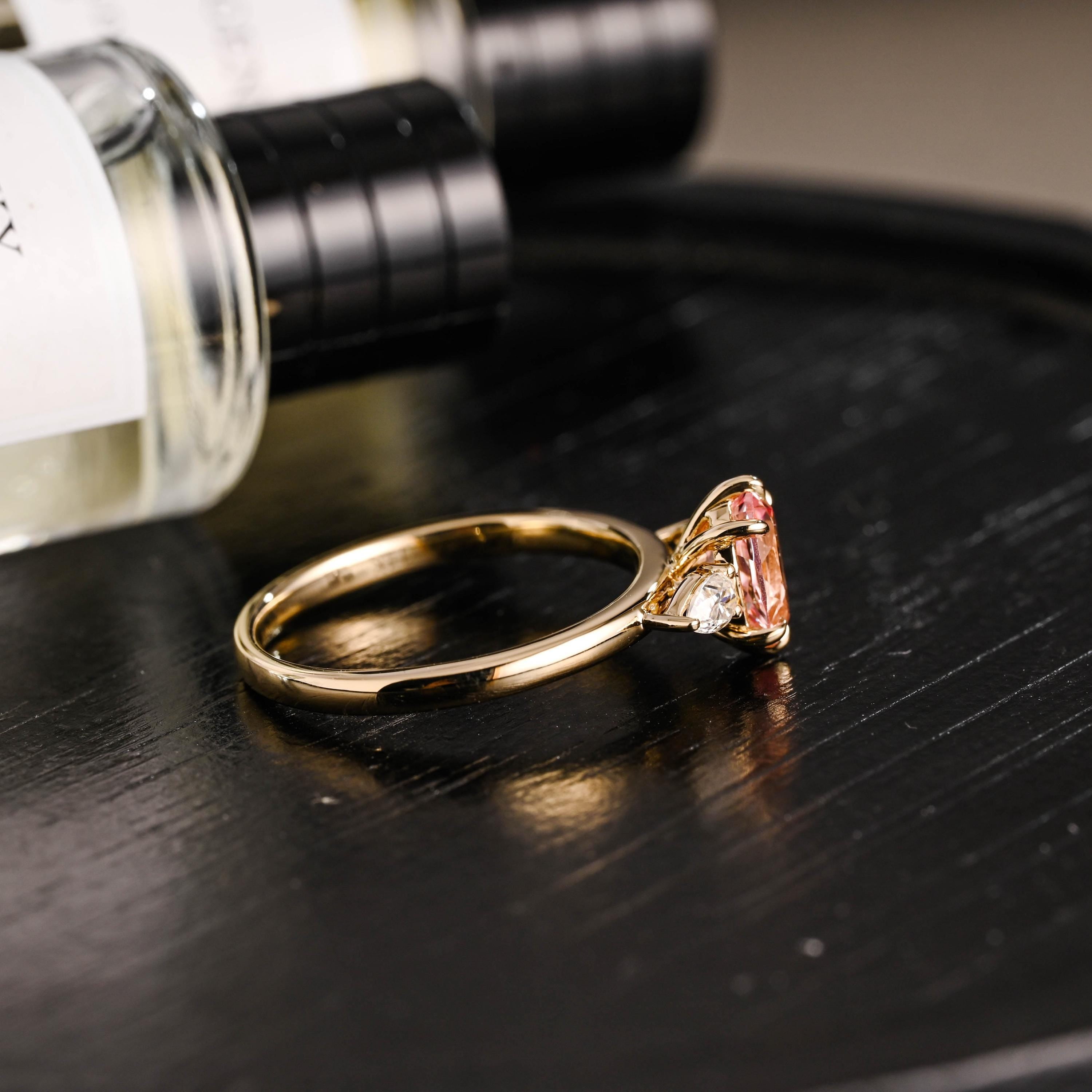 Solid Gold Oval Lab Grown Pink Sapphire Engagement Ring, Three Stone Proposal Ring