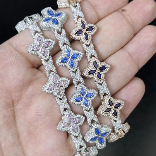 Iced Out Clover Bracelet: VVS Moissanite Diamond, Sterling Silver Link