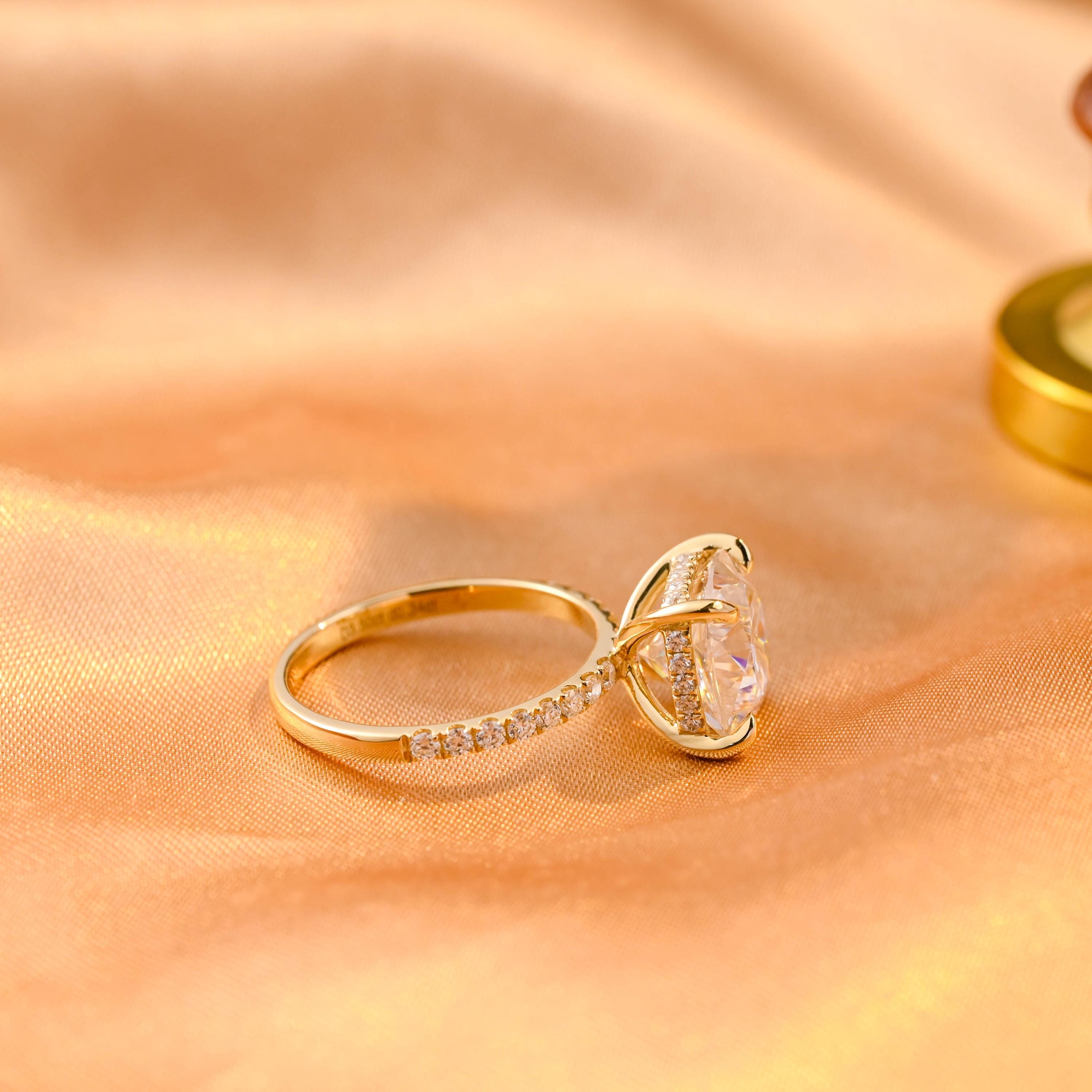 Solid Gold Cushion Cut Moissanite Engagement Ring, Hidden Halo Cushion Cut Wedding Ring, Half Pave Anniversary Ring for Her, Moissanite Gift