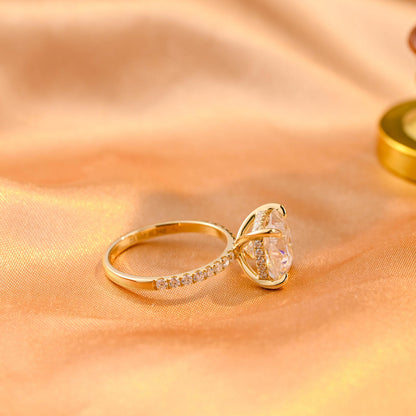Solid Gold Cushion Cut Moissanite Engagement Ring, Hidden Halo Cushion Cut Wedding Ring, Half Pave Anniversary Ring for Her, Moissanite Gift