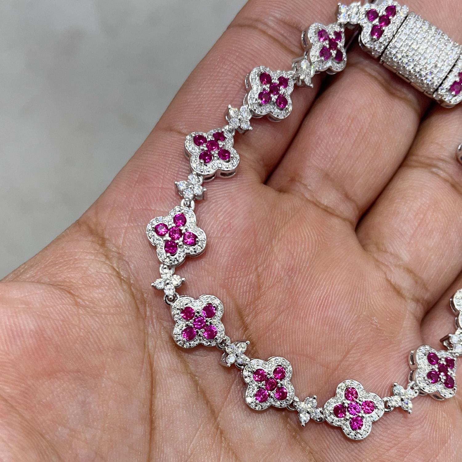 Clover Bracelet VVS Moissanite 925 Sterling Silver Passes Diamond Tester | Pink Accents