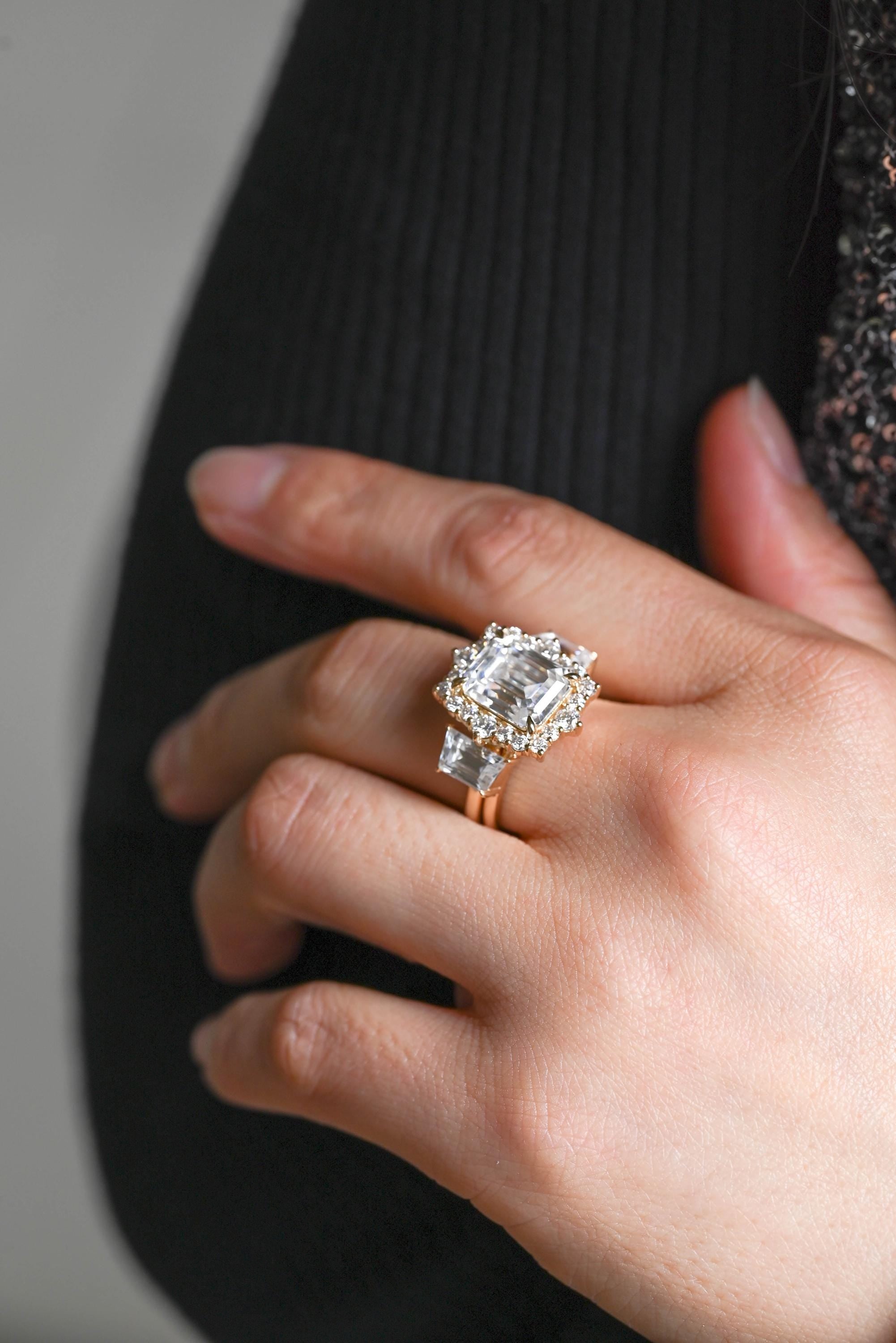 Solid Gold Emerald Cut Moissanite Engagement Ring Set, Bridal Set, Trapezoid Cut Wedding Band