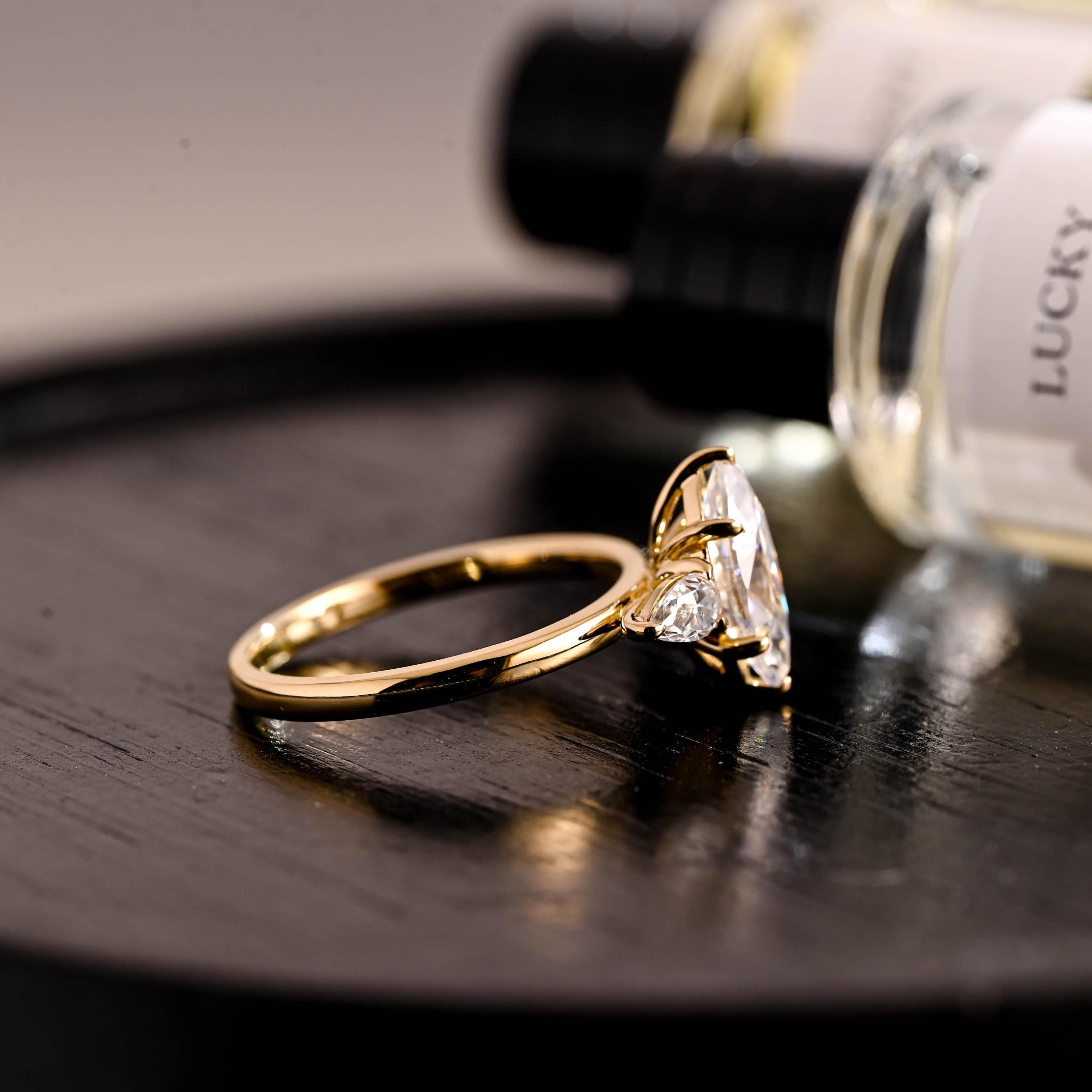 Three Stone Marquise Moissanite Ring, Solid Gold Wedding Anniversary Ring