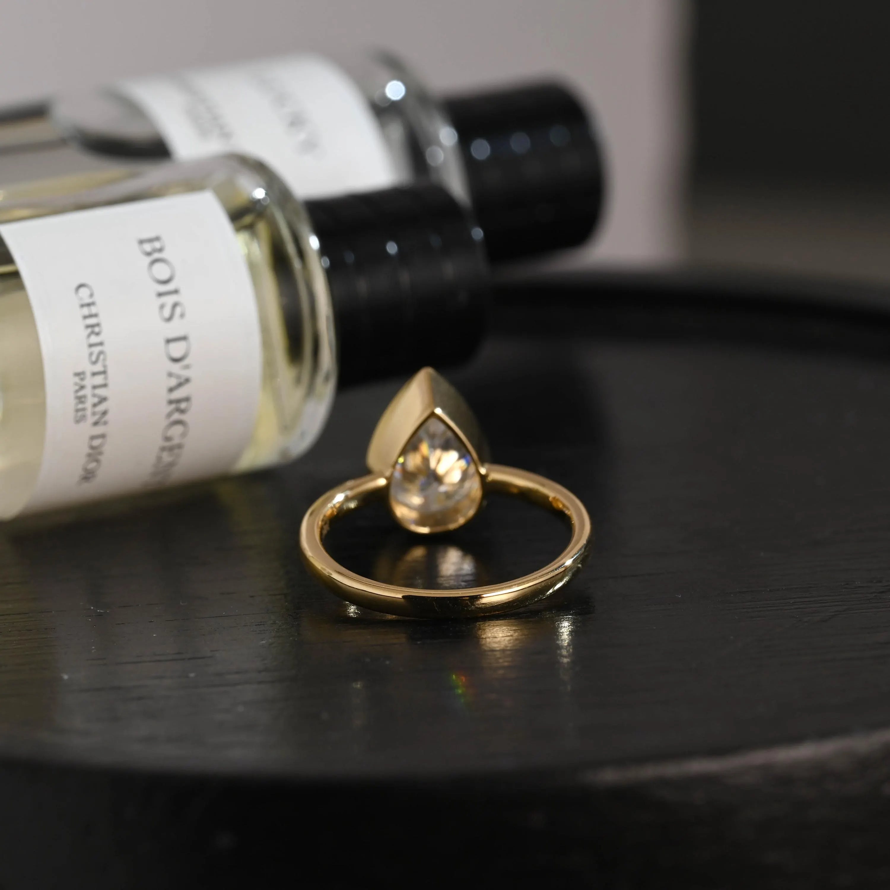 Solid Gold Pear Cut Moissanite Engagement Ring, Proposal Ring, Promise Ring, Solid Bezel Set Wedding Ring