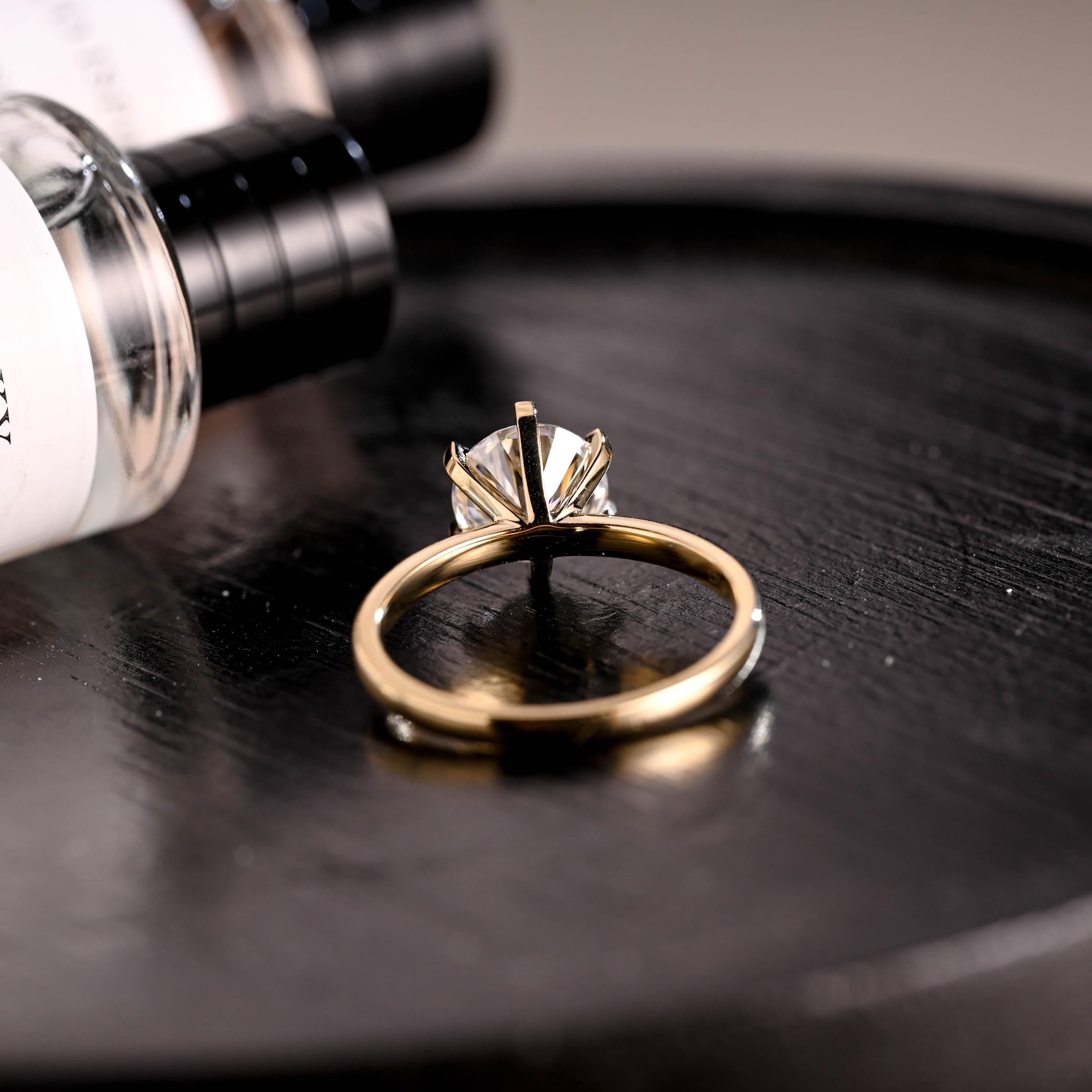 Solid Gold Round Moissanite Engagement Ring, Solitaire Round Cut Moissanite Anniversary Ring for Wife