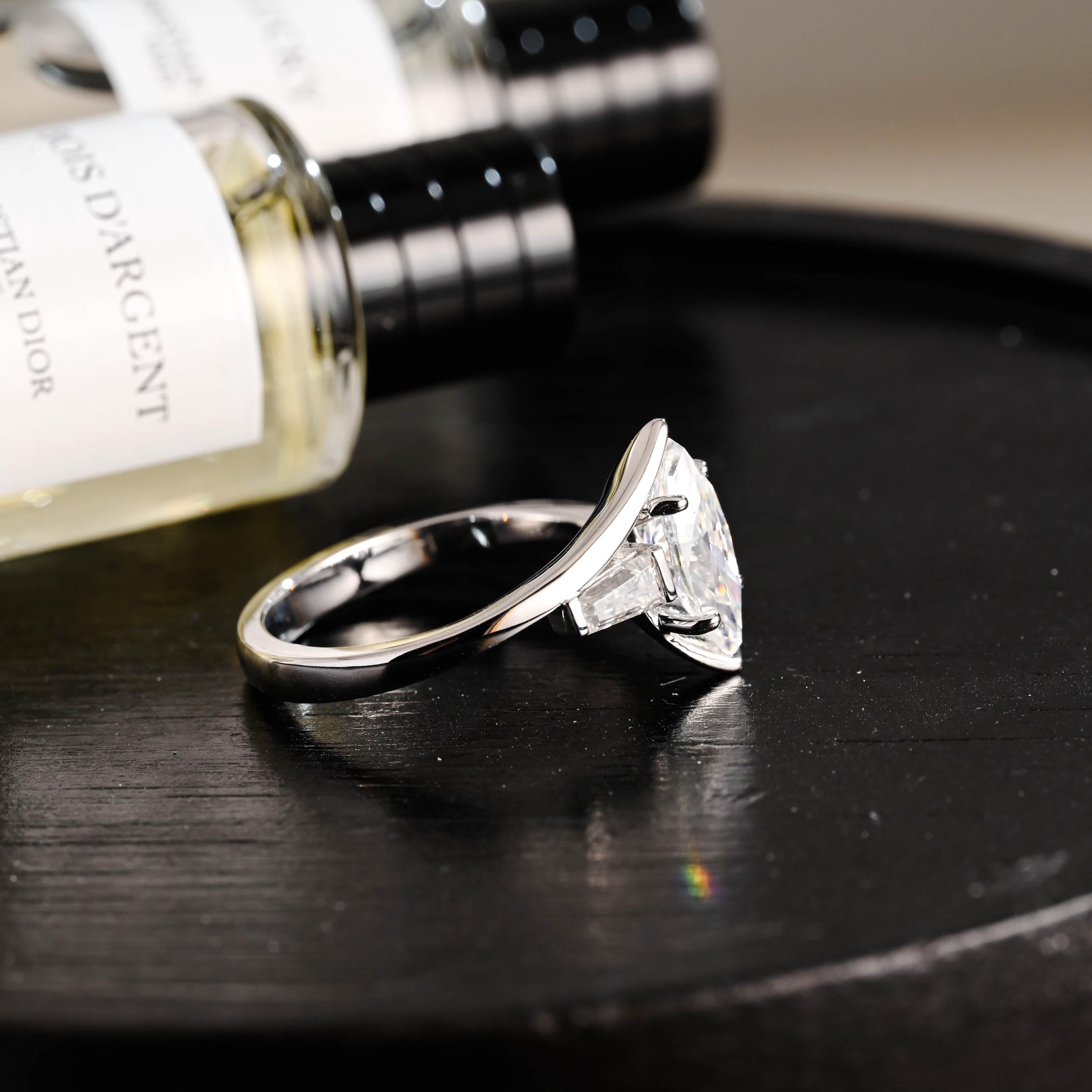 Solid Gold Bypass Marquise Moissanite Ring, Trapezoid Accent Stones, Statement Ring