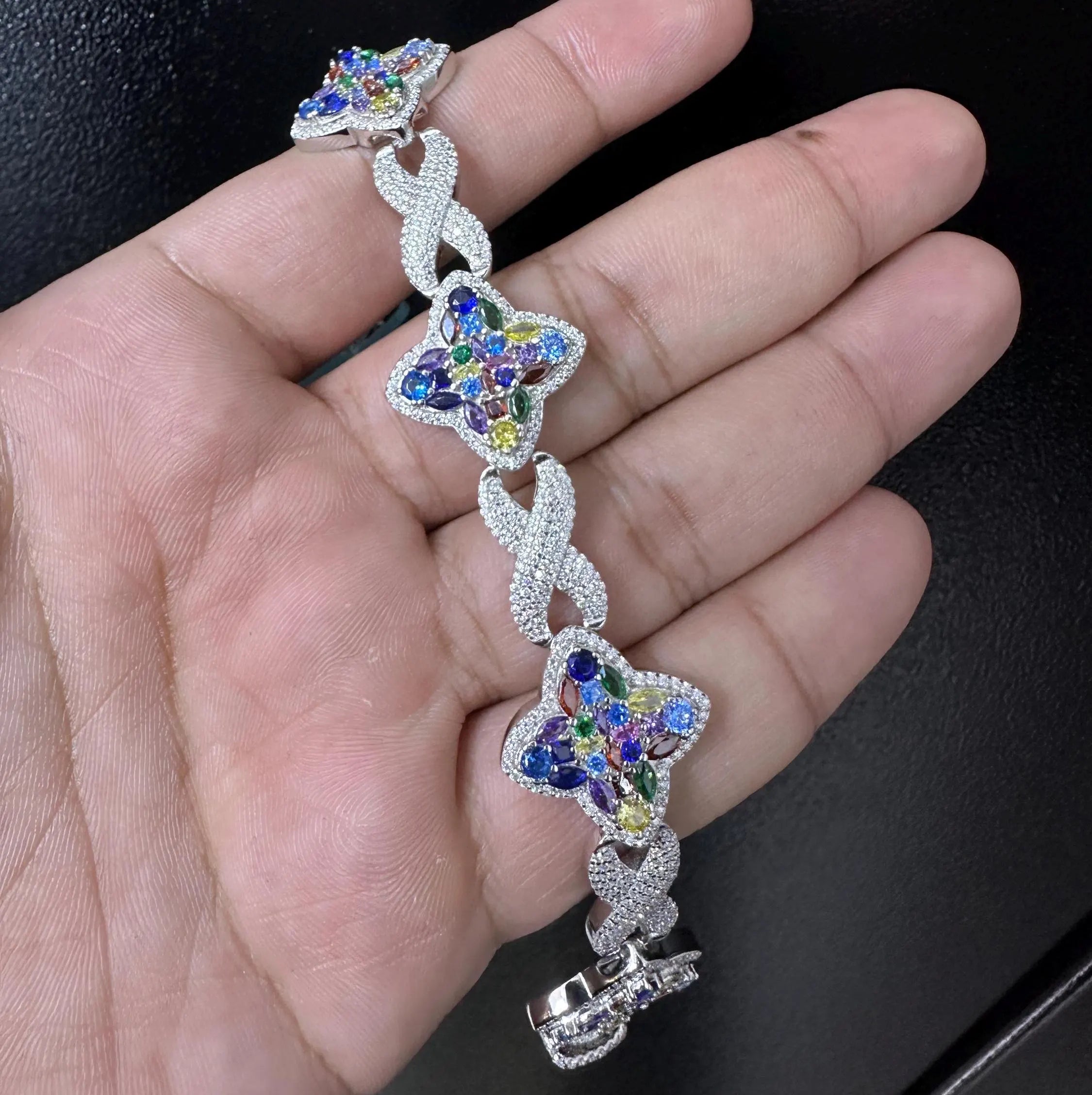 Iced Out Moissanite Bracelet 8.82CTW VVS D Color 925 Sterling Silver Colored Gemstone Sapphire Custom Made Iced Out Handmade Bracelet Clover