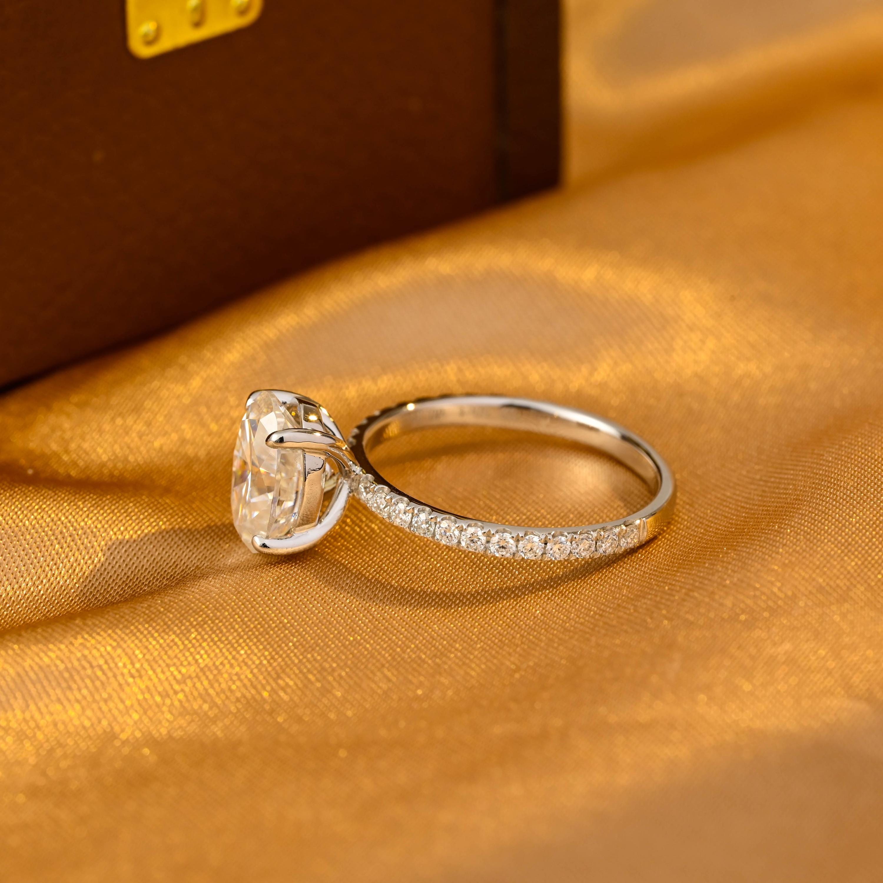 Solid Gold Oval Cut Moissanite Engagement Ring, Half Pave Wedding Ring