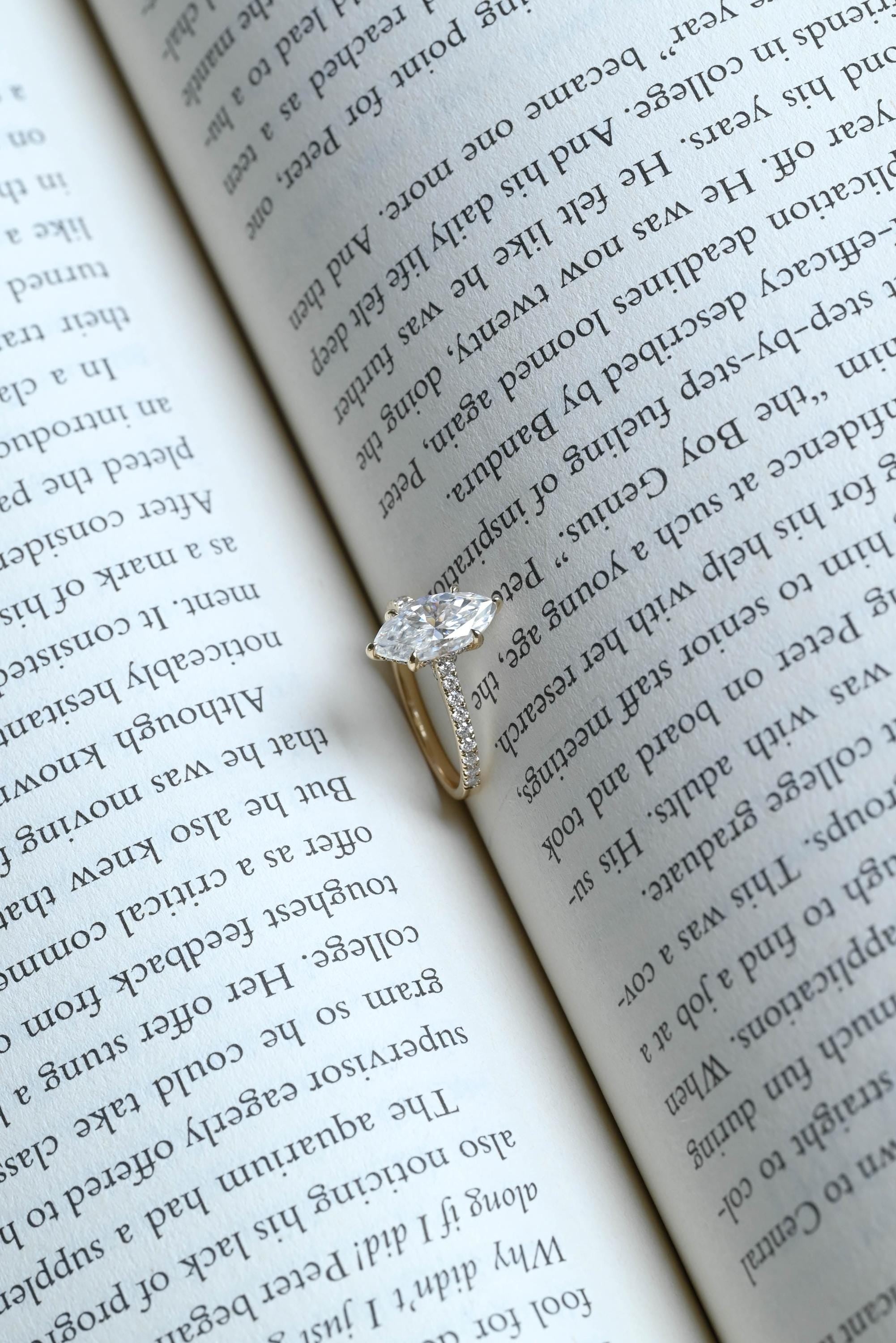 Solid Gold Marquise Cut Moissanite Engagement Ring, Pave Hidden Halo Wedding Ring