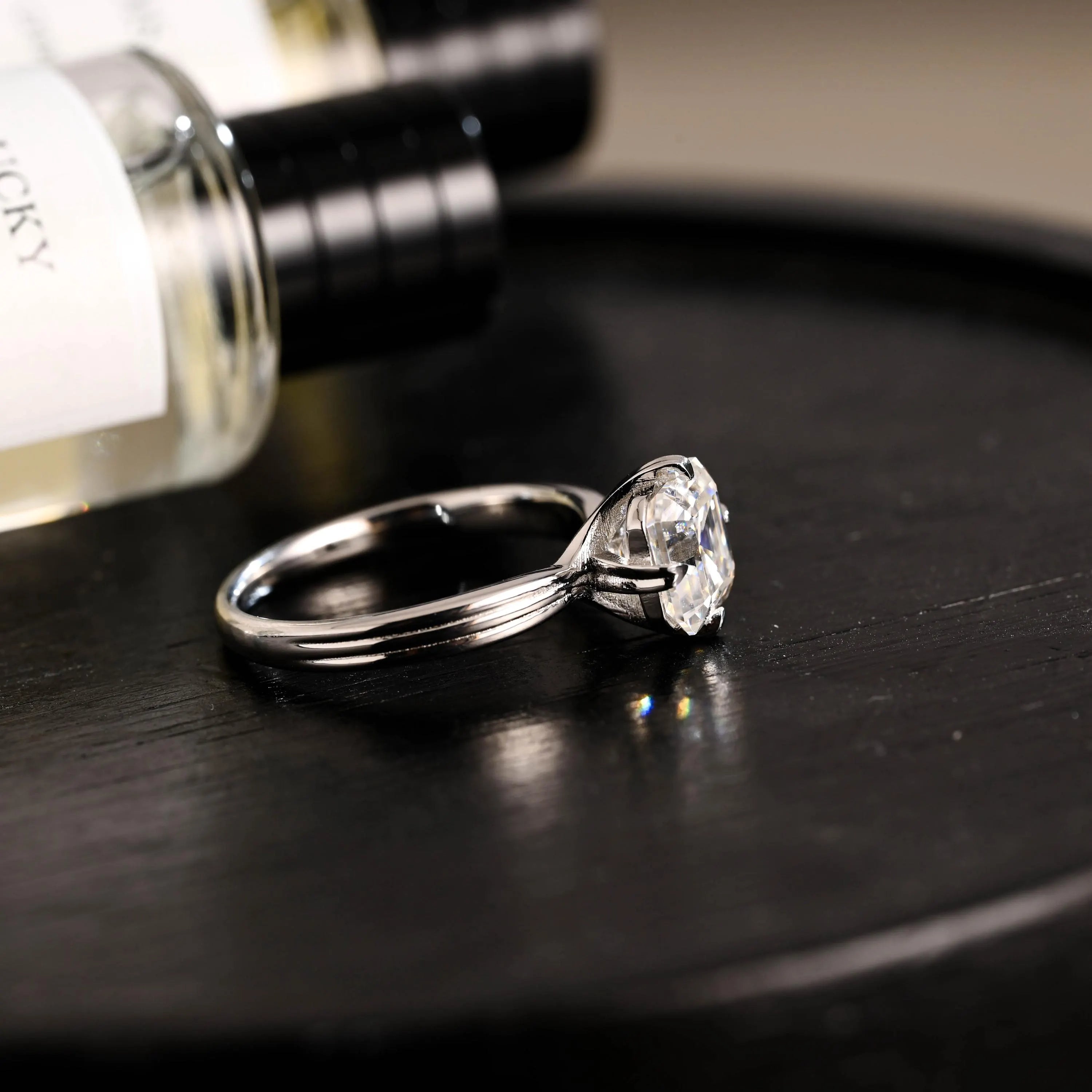 Solid Gold Asscher Cut Moissanite Engagement Ring, Anniversary Gift Birthday Gift for Women Wife