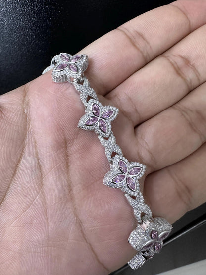 Iced Out Clover Bracelet: 925 Sterling Silver, Pink Sapphire Moissanite