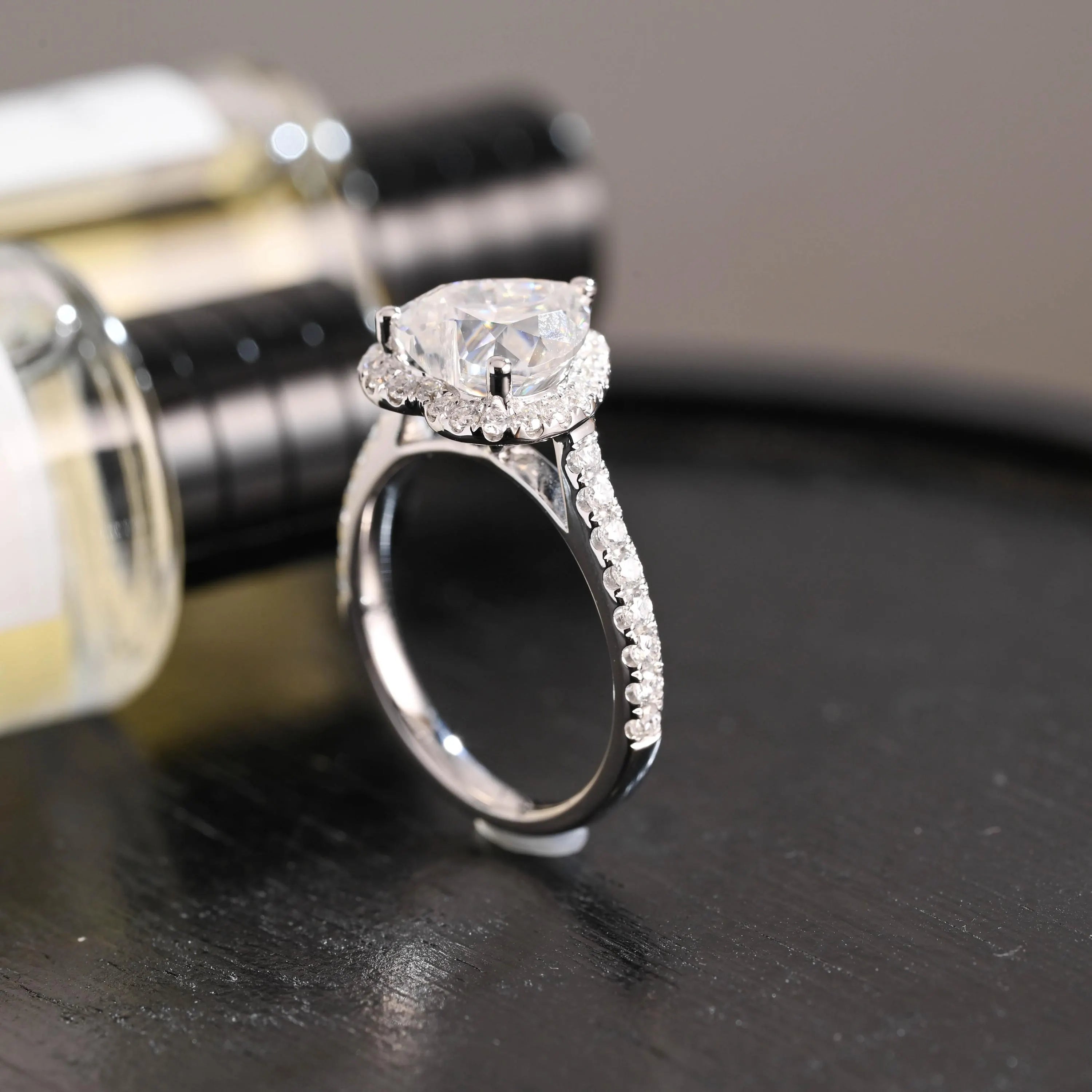 Solid Gold Heart Cut Moissanite Engagement Ring, Half Pave Band Ring Proposal Ring, Promise Ring, Wedding Ring