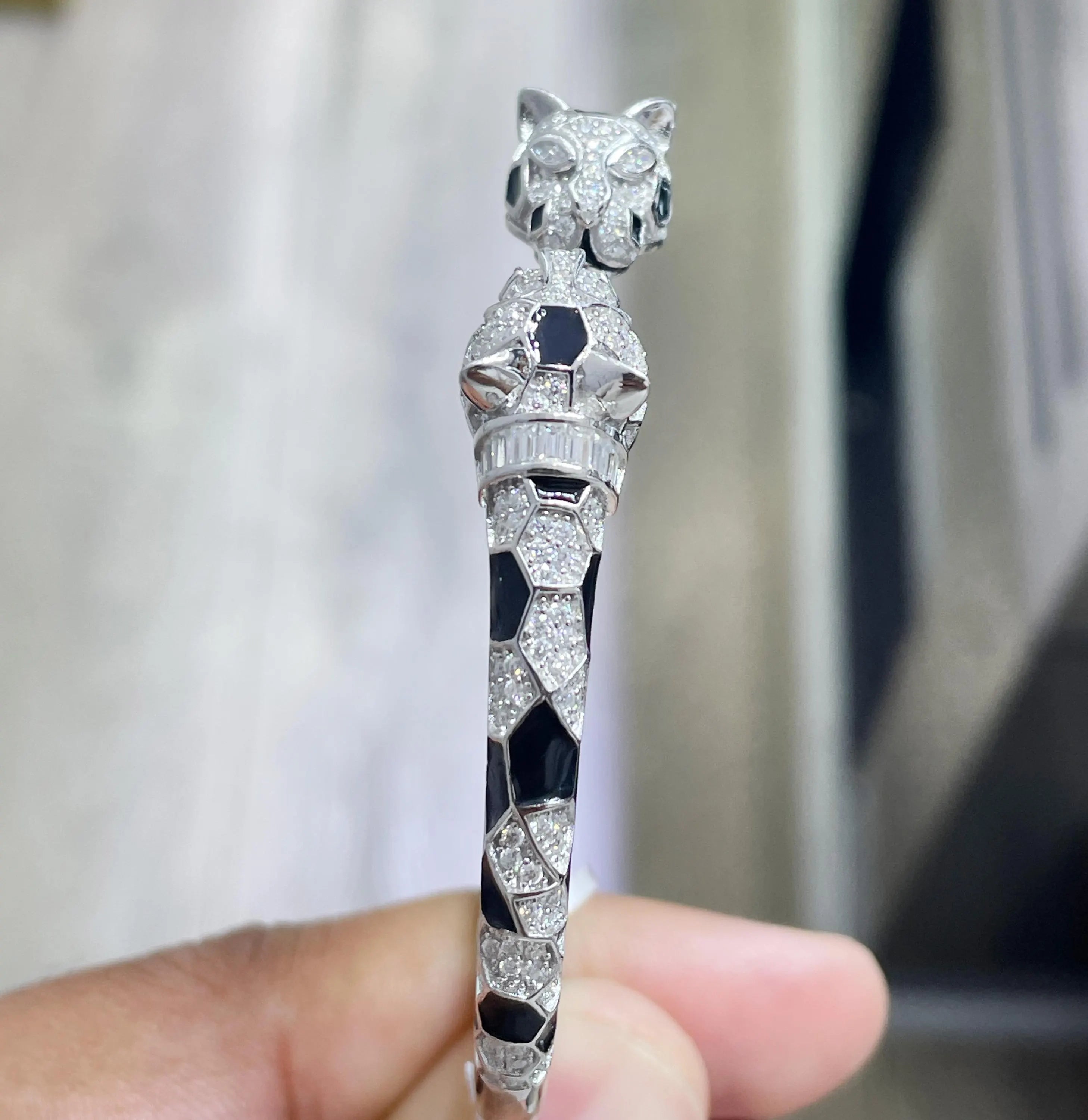 Moissanite Panther Bangle: 925 Silver, 14k Gold Plated, 3.11 CTW