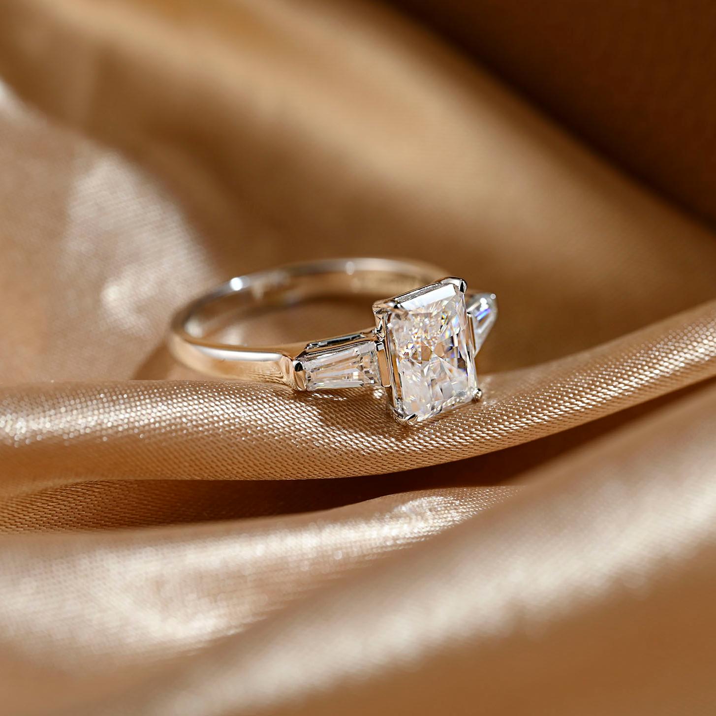 Solid Gold Three Stone Radiant Cut Moissanite Engagement Ring, Anniversary Ring for Her
