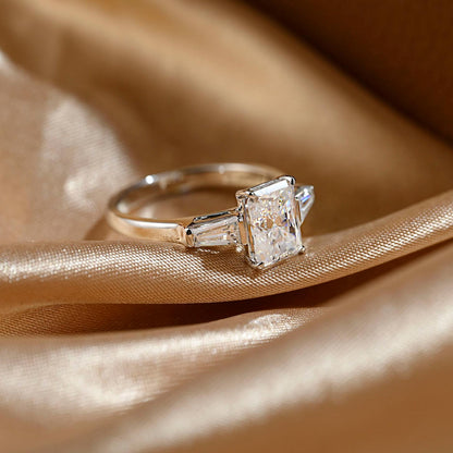 Solid Gold Three Stone Radiant Cut Moissanite Engagement Ring, Anniversary Ring for Her