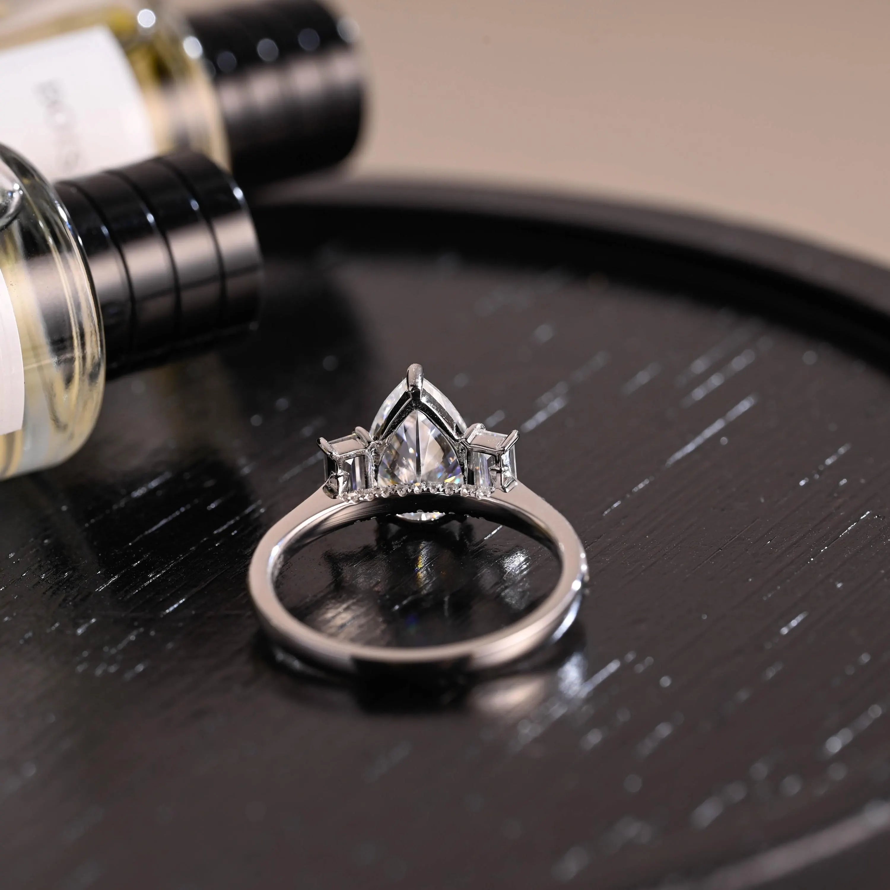 Three Stone Pear Cut Moissanite Engagement Ring, Bridge Setting Solid Gold Pave Moissanite Wedding Ring