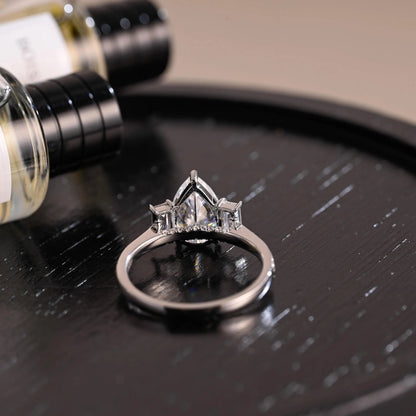 Three Stone Pear Cut Moissanite Engagement Ring, Bridge Setting Solid Gold Pave Moissanite Wedding Ring