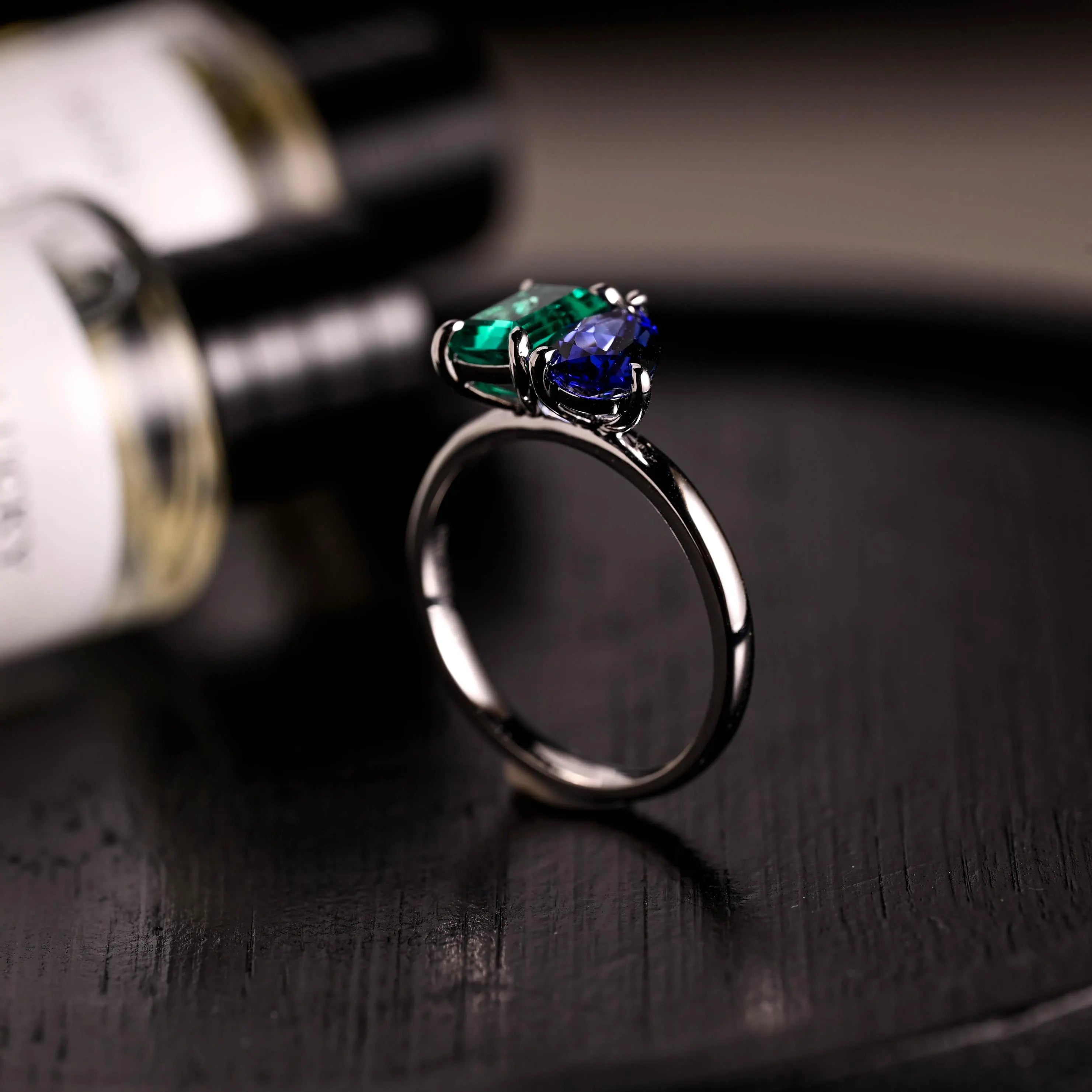 Lab Grown Sapphire Toi et Moi Wedding Ring, Solid Gold Emerald Gemstone Birthstone Memorial Ring